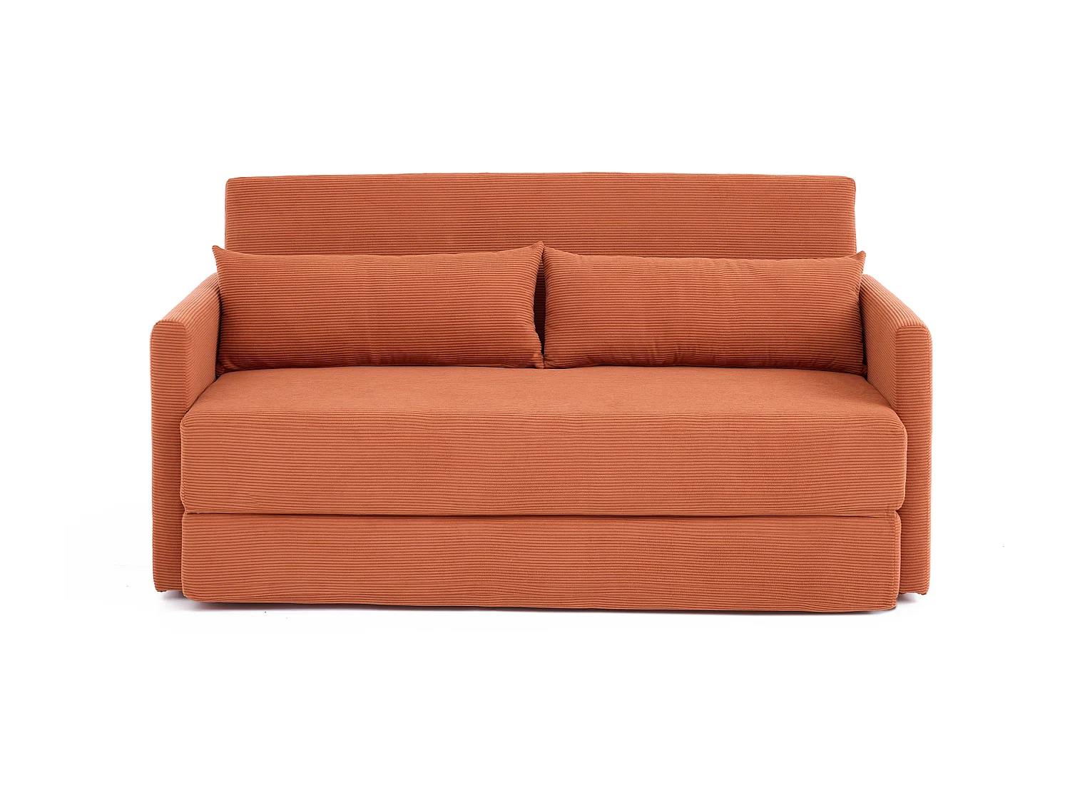 Canapé convertible 2 places en tissu velours côtelé avec 2 poches et 2 coussins - Orange