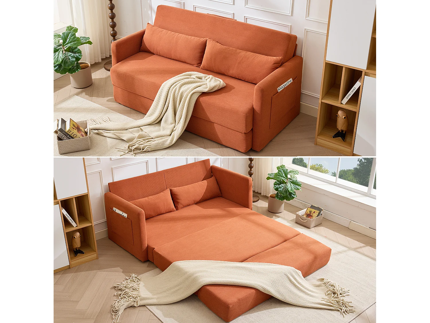 Canapé convertible 2 places en tissu velours côtelé avec 2 poches et 2 coussins - Orange