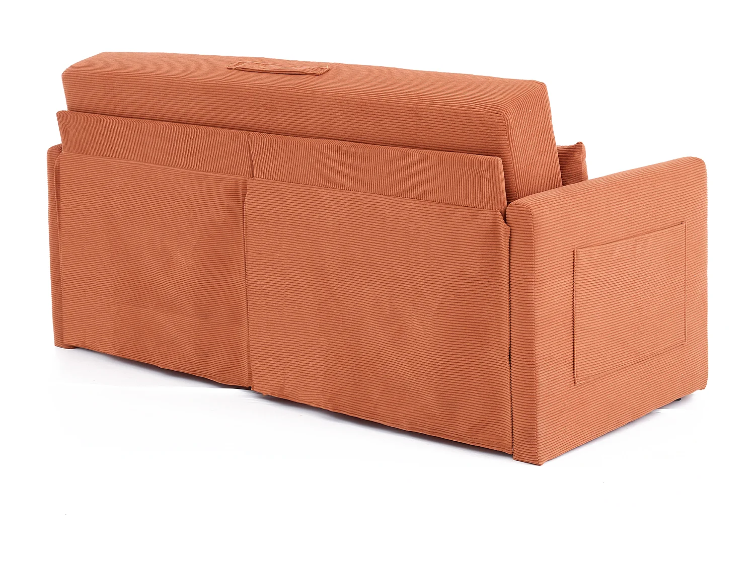 Canapé convertible 2 places en tissu velours côtelé avec 2 poches et 2 coussins - Orange