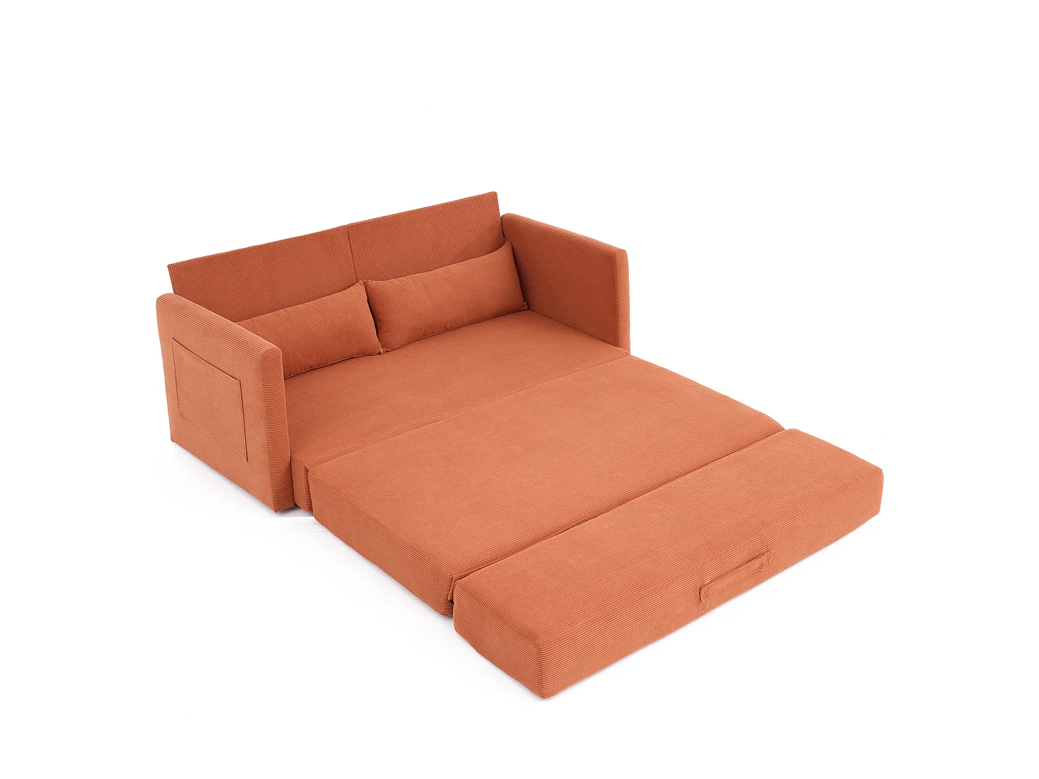 Canapé convertible 2 places en tissu velours côtelé avec 2 poches et 2 coussins - Orange