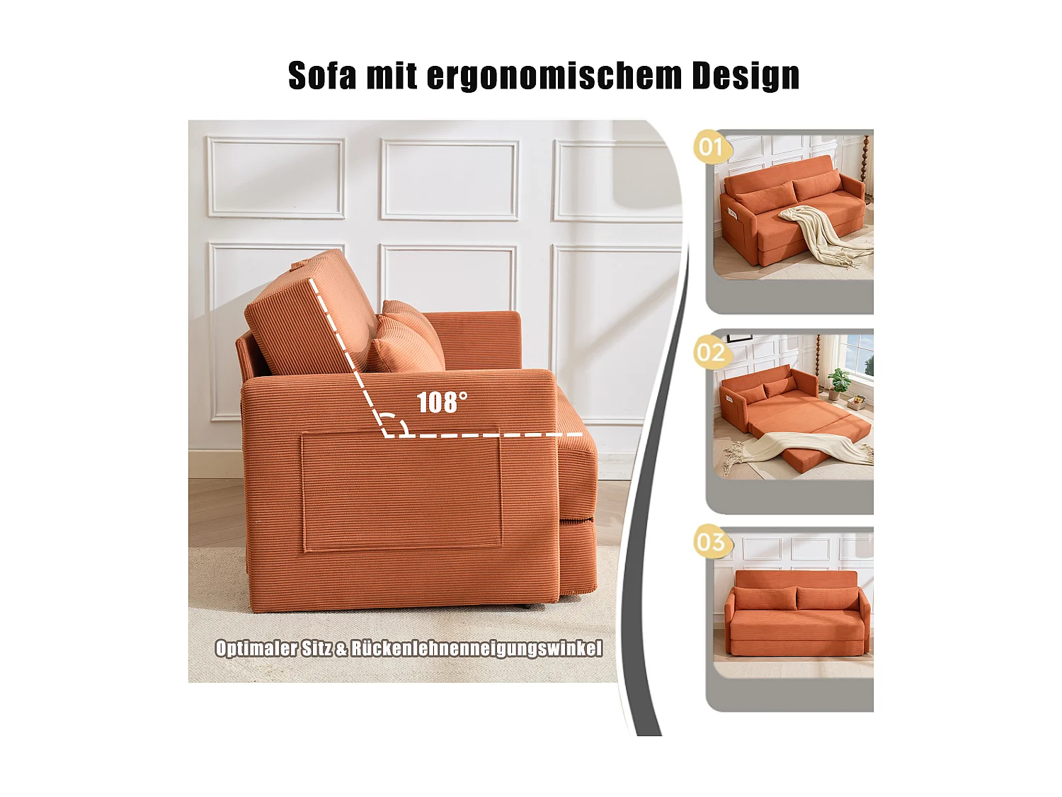 Canapé convertible 2 places en tissu velours côtelé avec 2 poches et 2 coussins - Orange