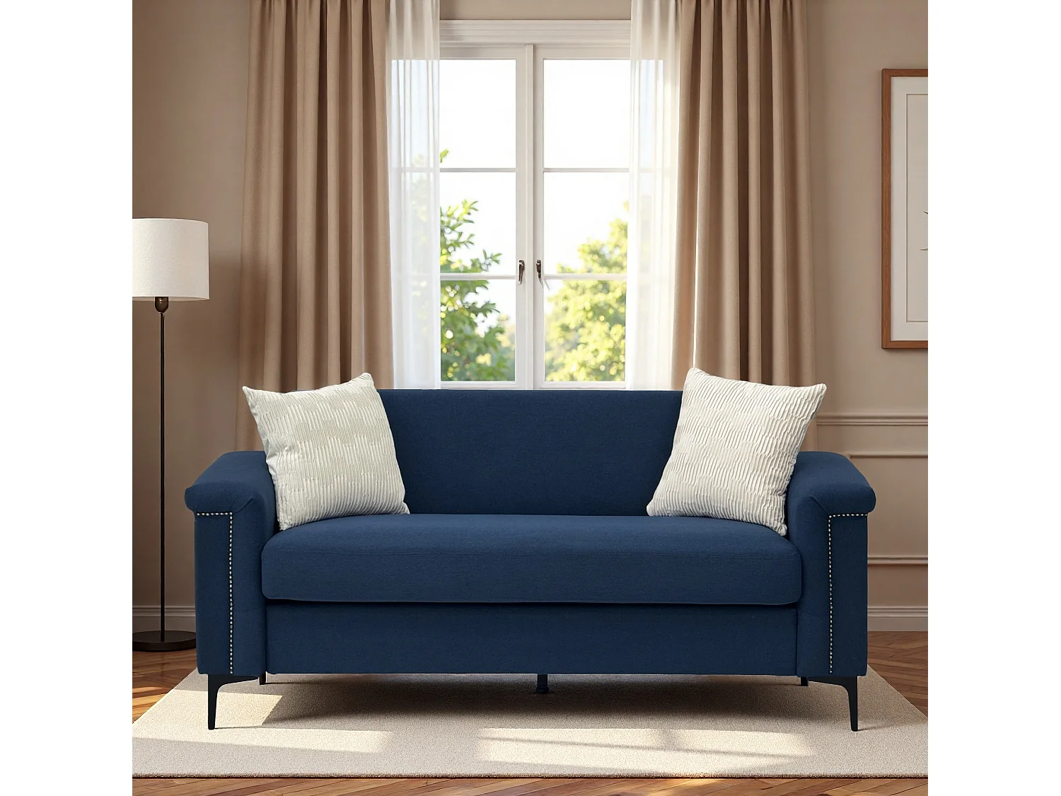 Canapé 2 places en lin bleu - Structure en bois et pieds métal