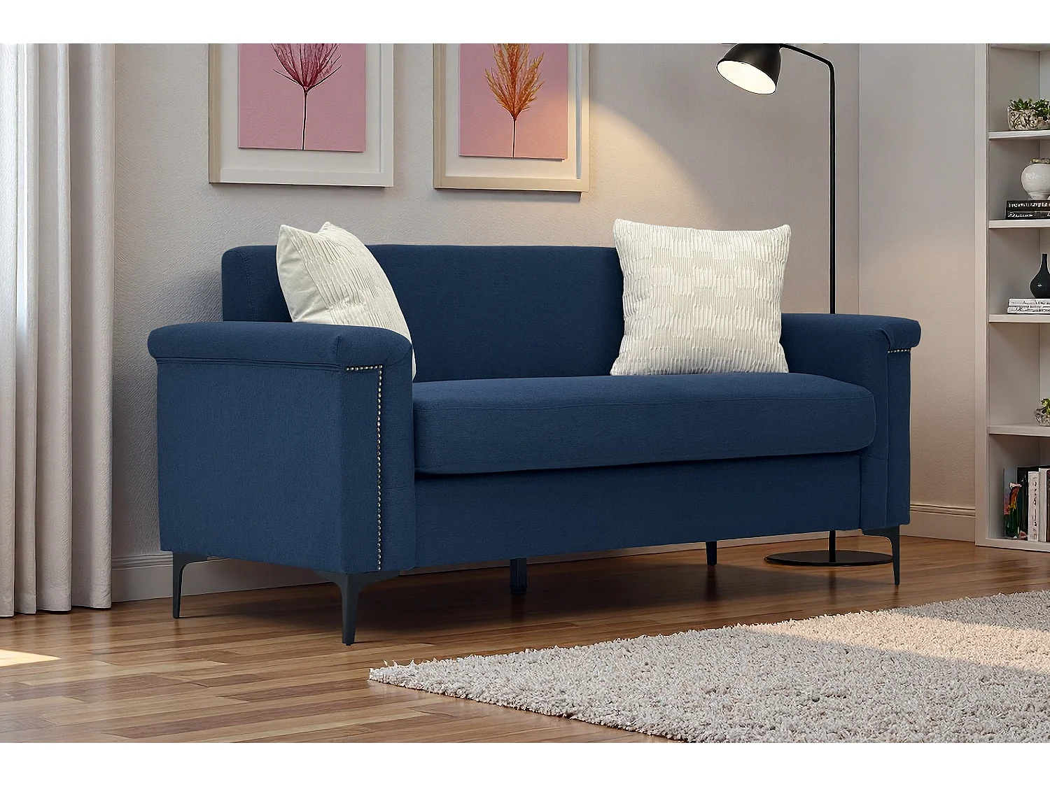 Canapé 2 places en lin bleu - Structure en bois et pieds métal