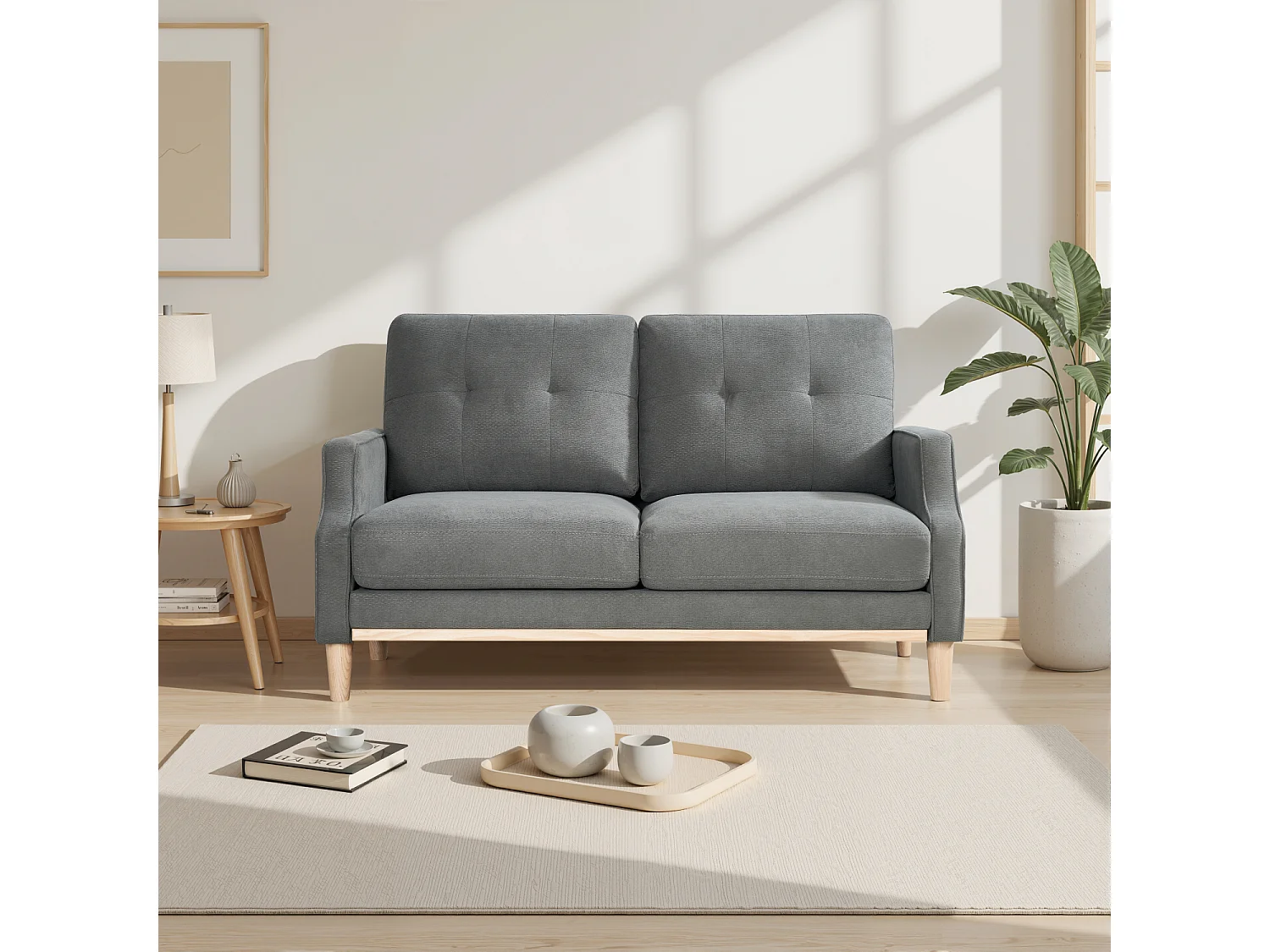 Canapé 2 places petite 135 cm avec port USB, tissu gris foncé et bois