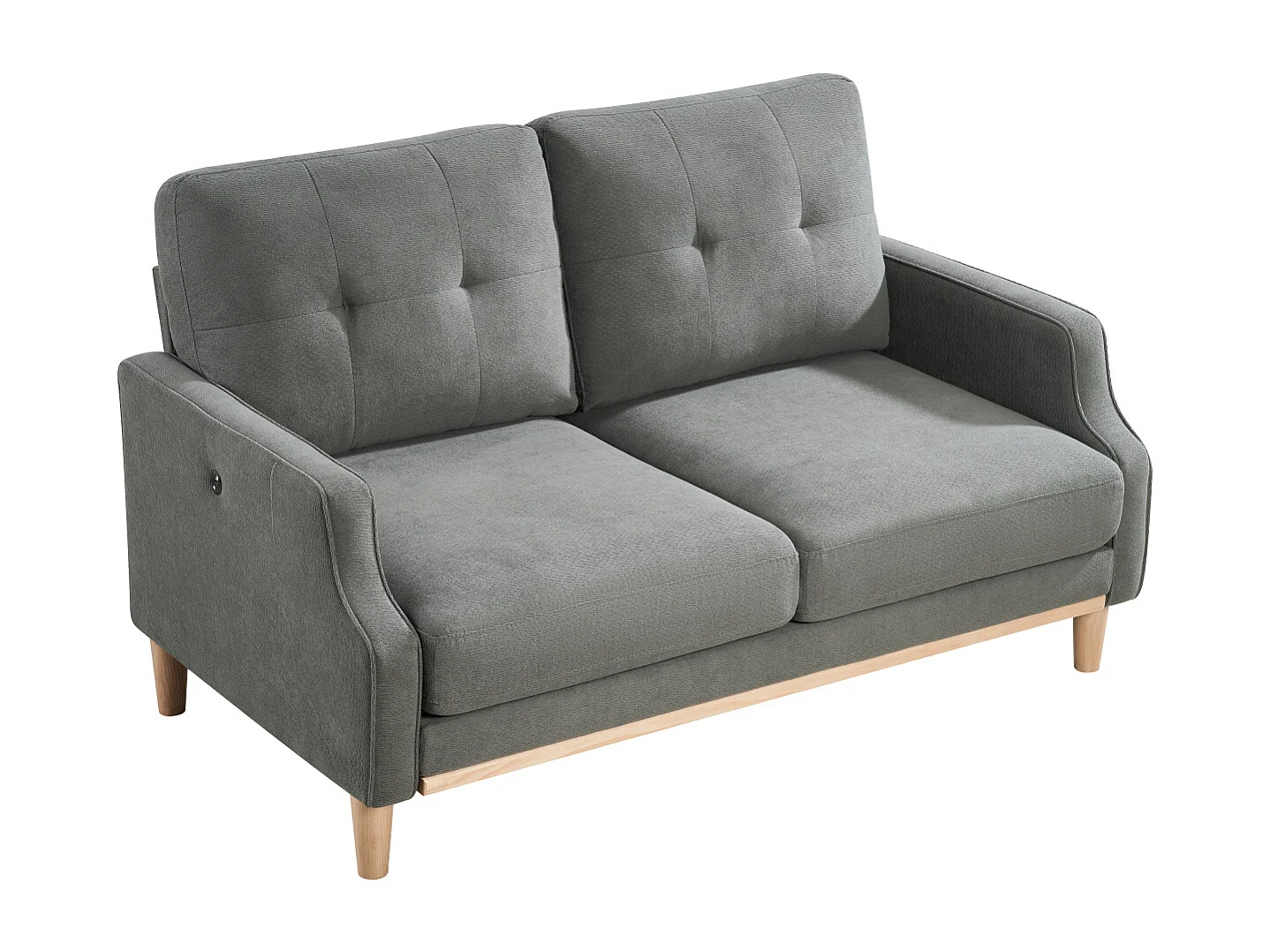 Canapé 2 places petite 135 cm avec port USB, tissu gris foncé et bois