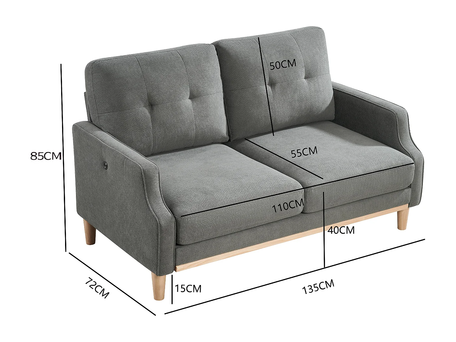 Canapé 2 places petite 135 cm avec port USB, tissu gris foncé et bois