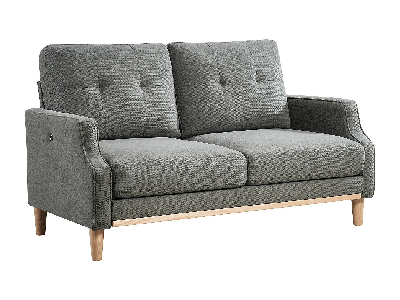 Canapé 2 places petite 135 cm avec port USB, tissu gris foncé et bois