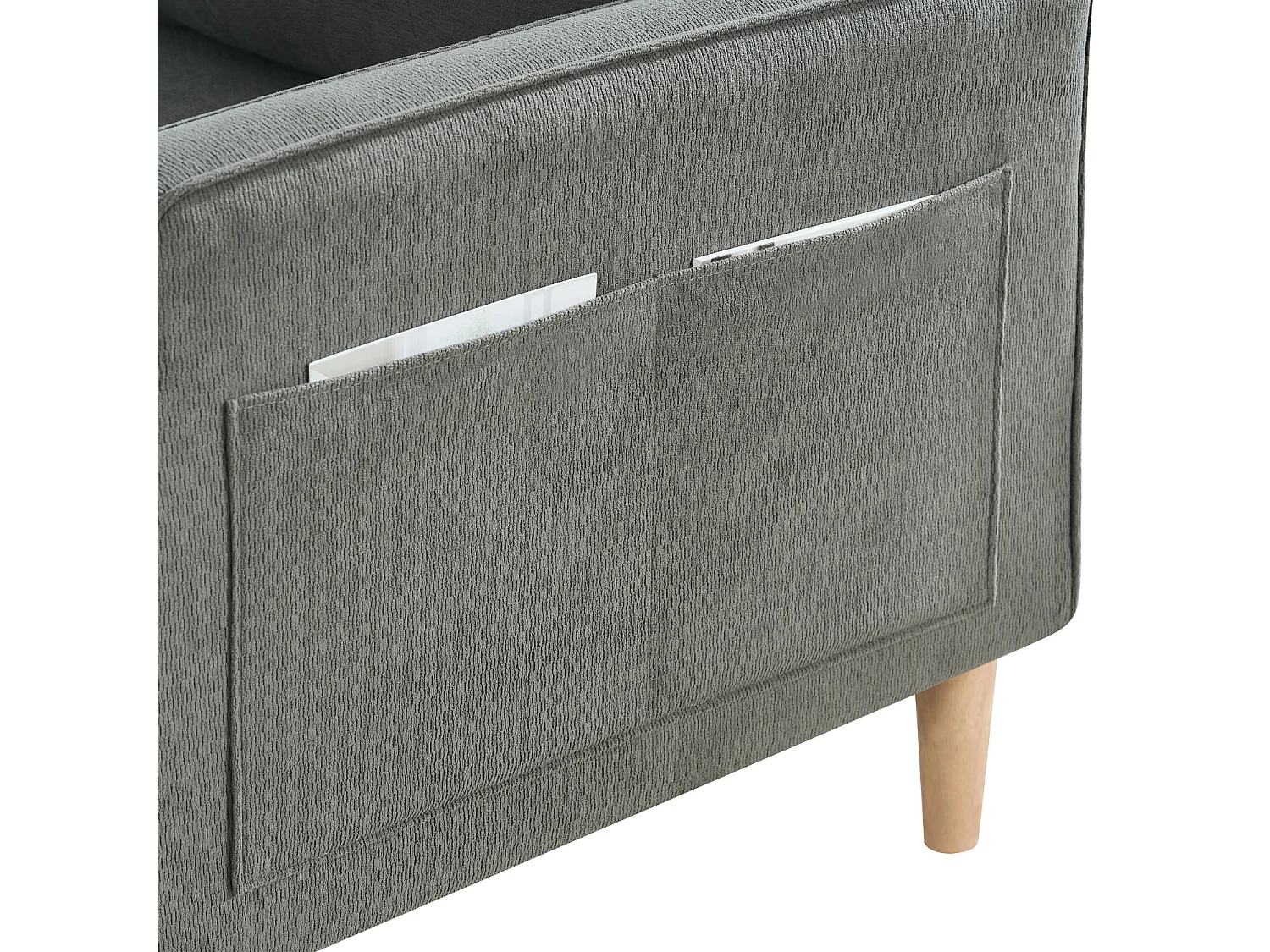 Canapé 2 places petite 135 cm avec port USB, tissu gris foncé et bois