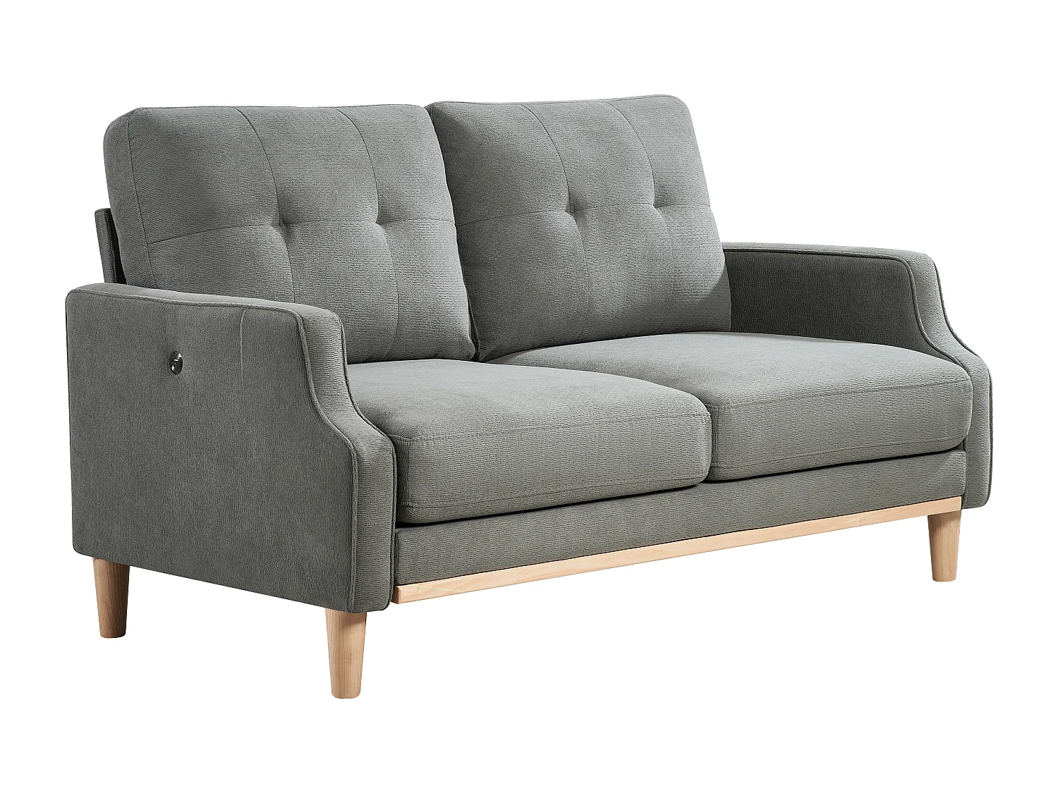 Canapé 2 places petite 135 cm avec port USB, tissu gris foncé et bois