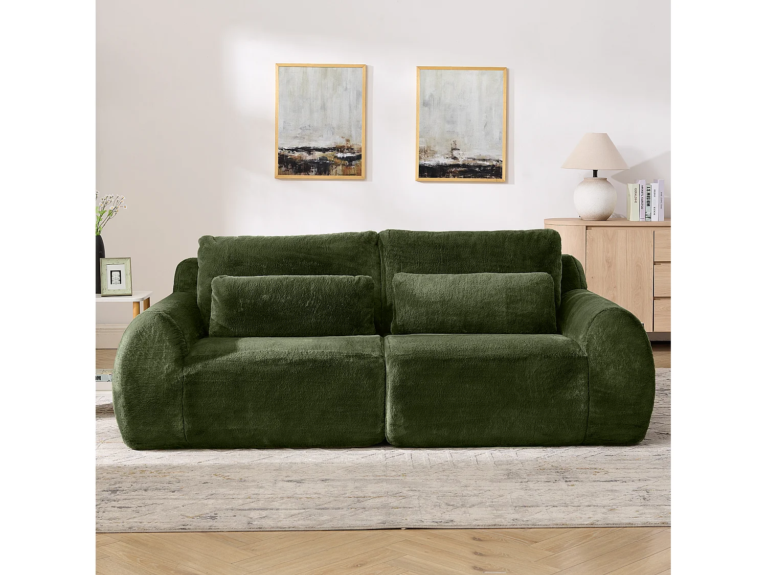 Canapé 2 places avec ports USB et poche latérale - Tissu vert, sans montage