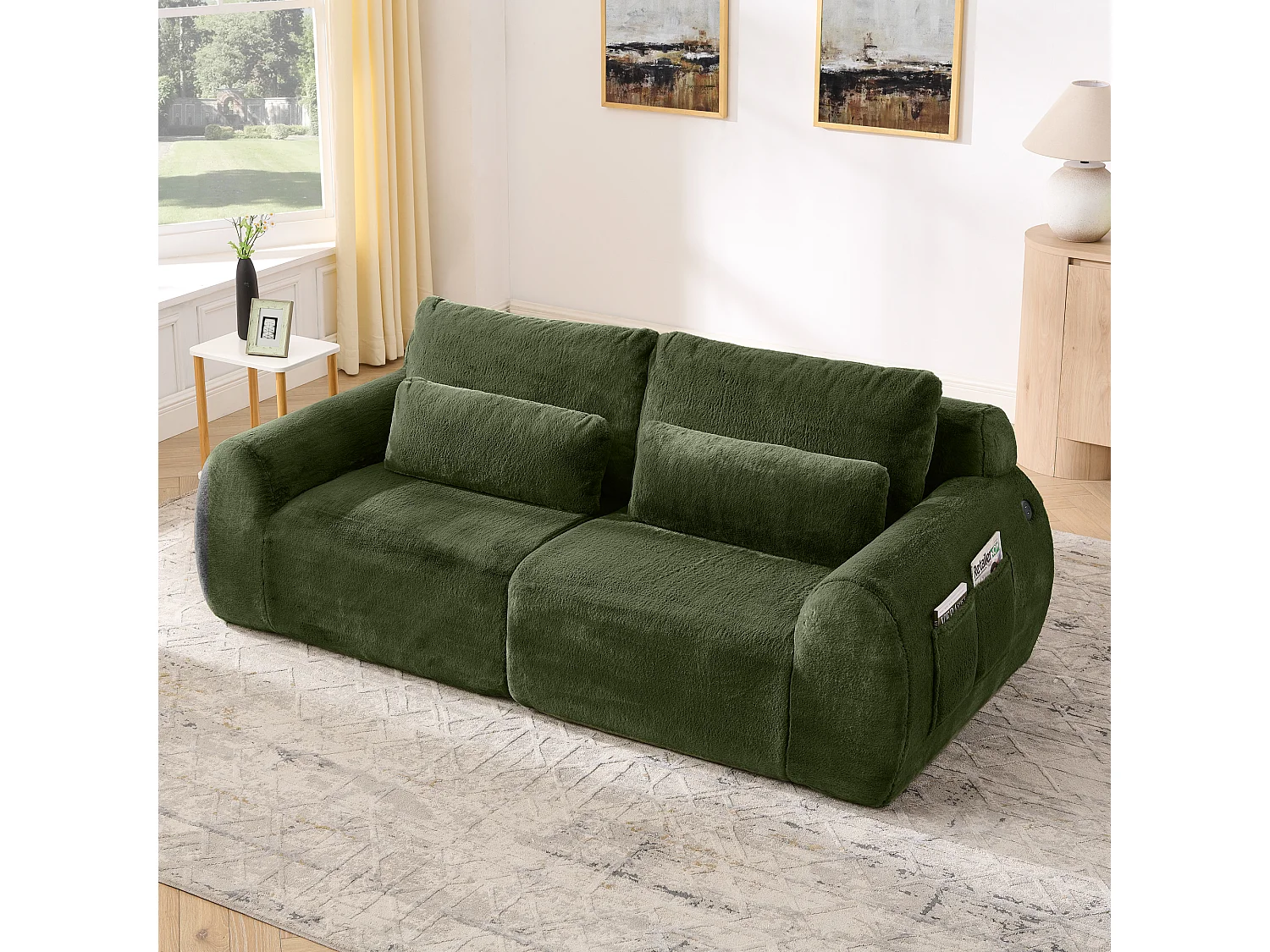 Canapé 2 places avec ports USB et poche latérale - Tissu vert, sans montage