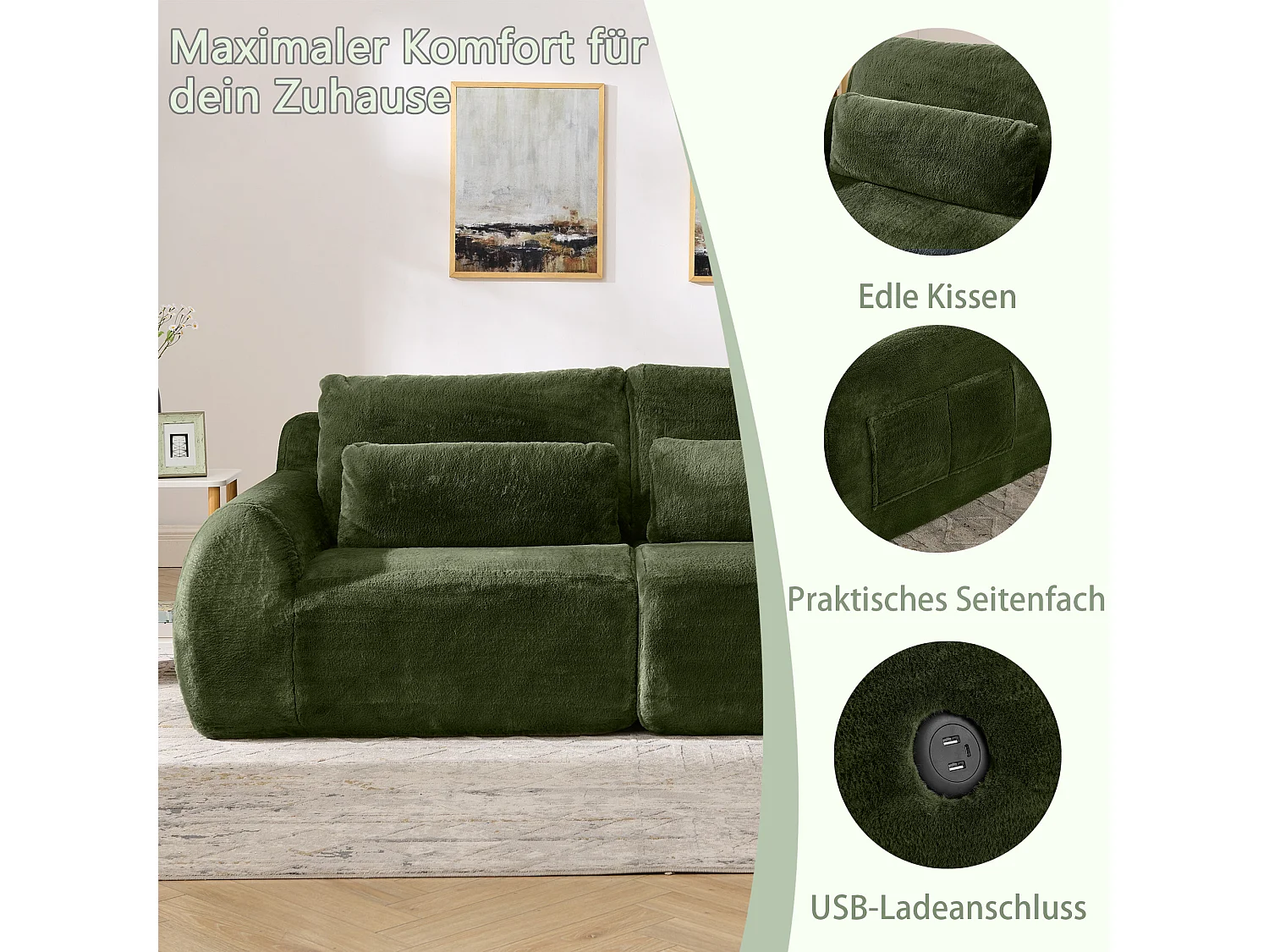 Canapé 2 places avec ports USB et poche latérale - Tissu vert, sans montage