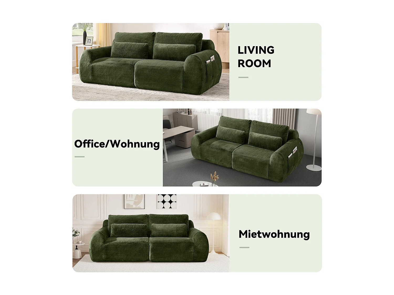 Canapé 2 places avec ports USB et poche latérale - Tissu vert, sans montage