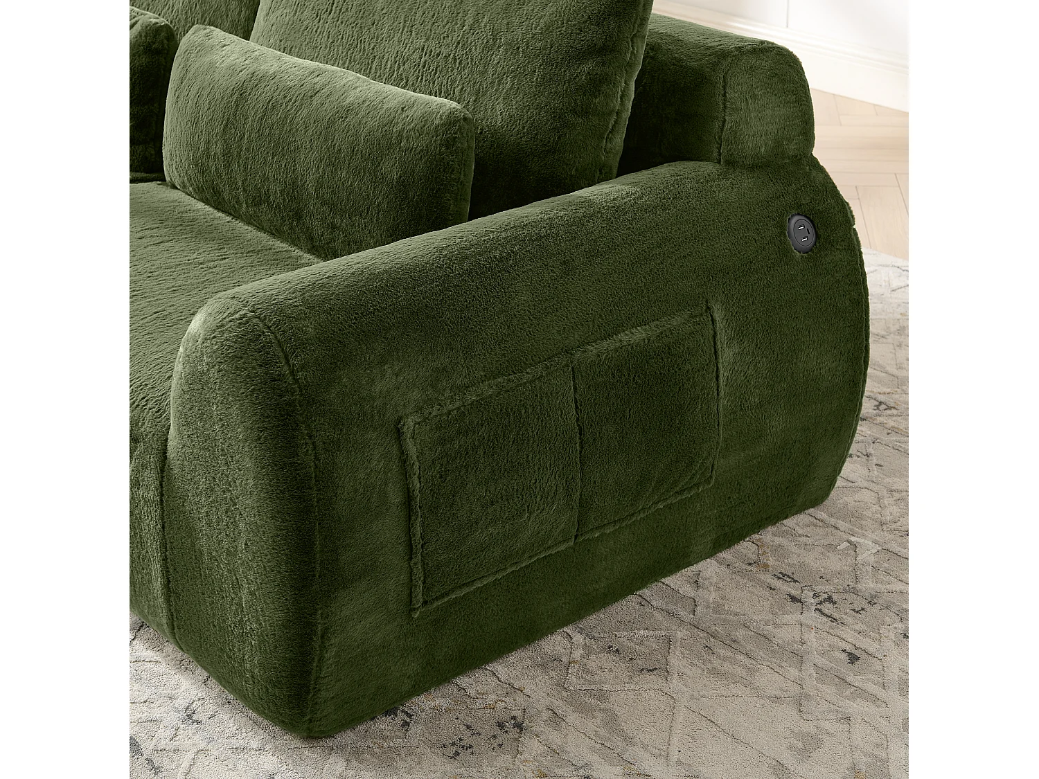 Canapé 2 places avec ports USB et poche latérale - Tissu vert, sans montage