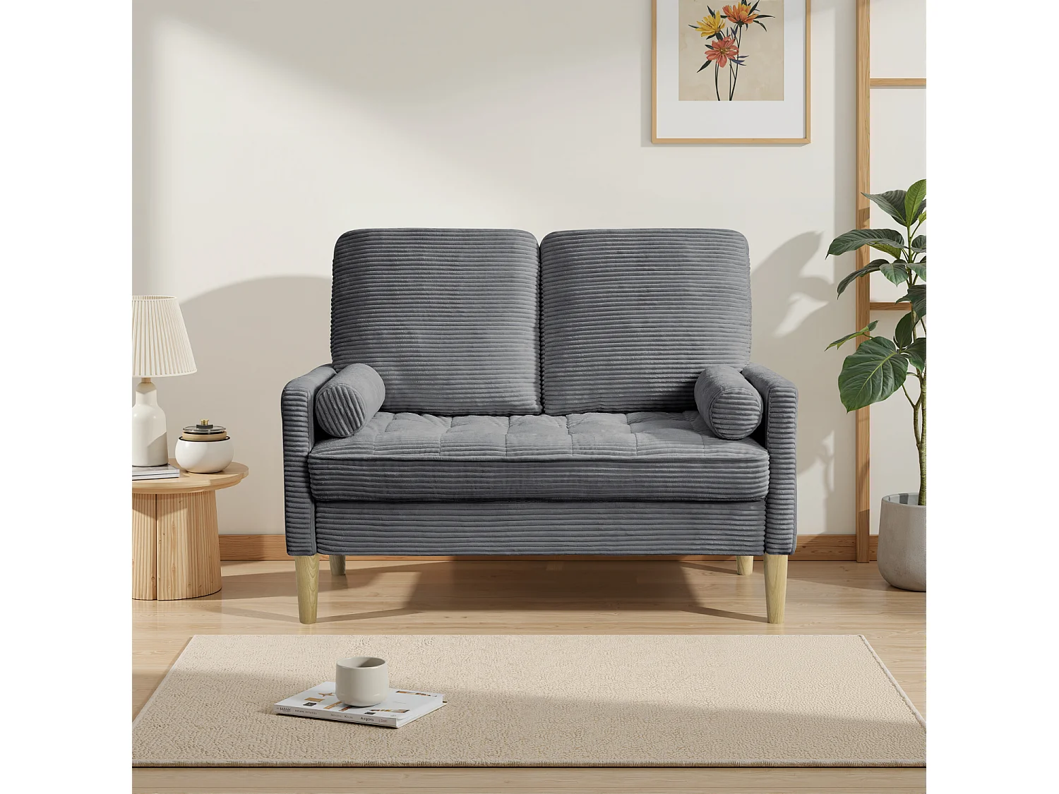 Canapé 2 places petite 121 cm en velours côtelé gris - Pieds en bois