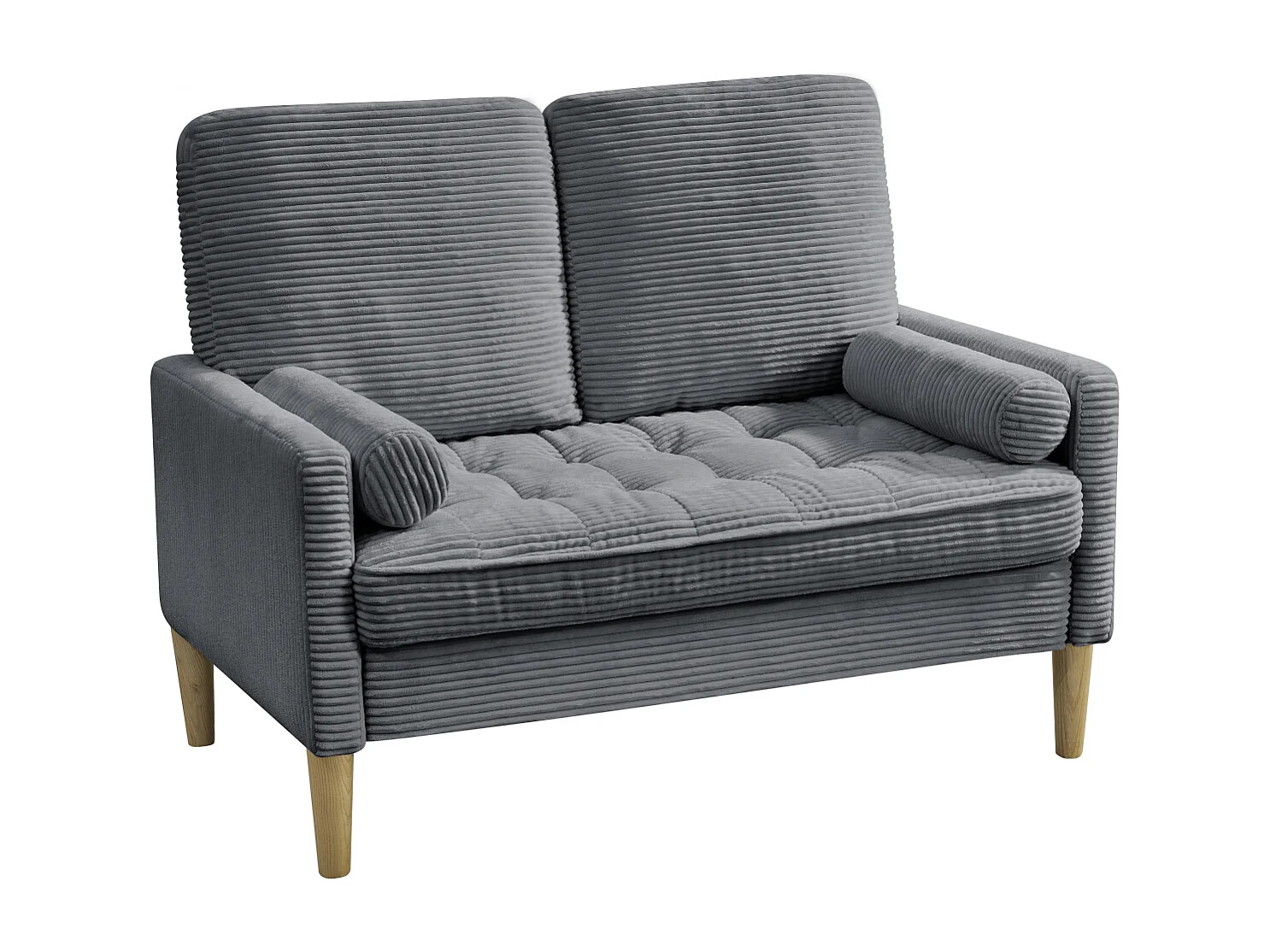 Canapé 2 places petite 121 cm en velours côtelé gris - Pieds en bois