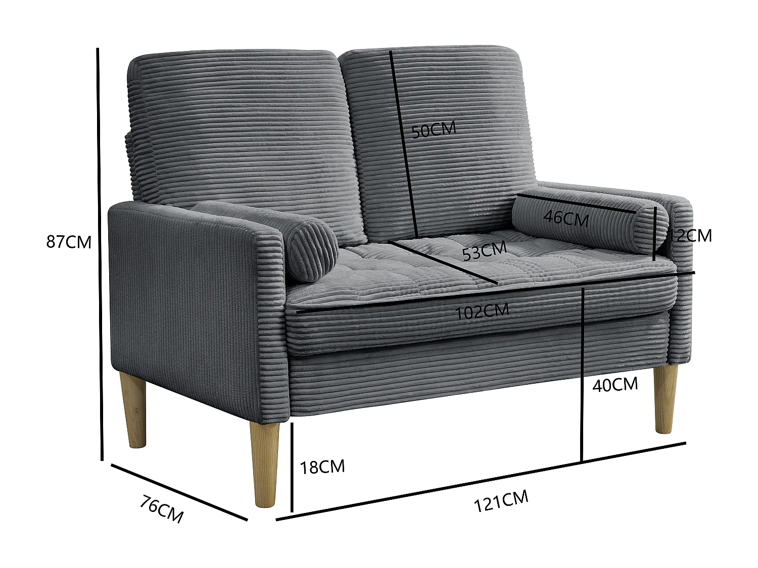 Canapé 2 places petite 121 cm en velours côtelé gris - Pieds en bois