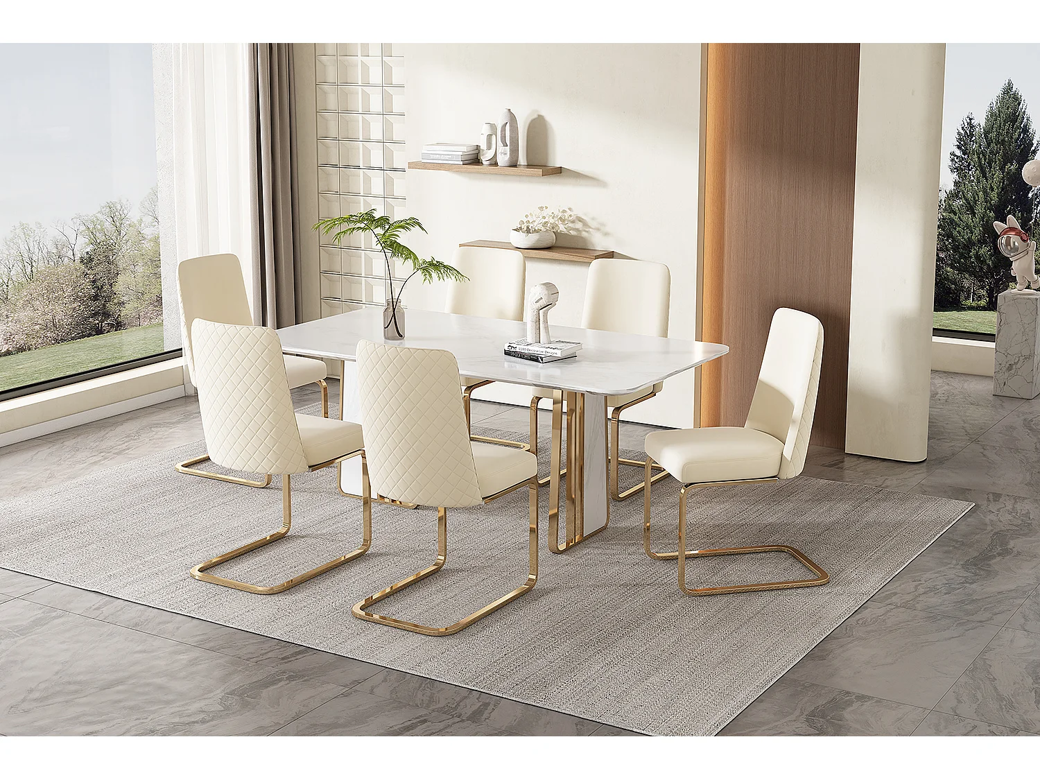Lot de 6 chaises en velours beige - Pieds en métal doré - Dossier à motif losanges