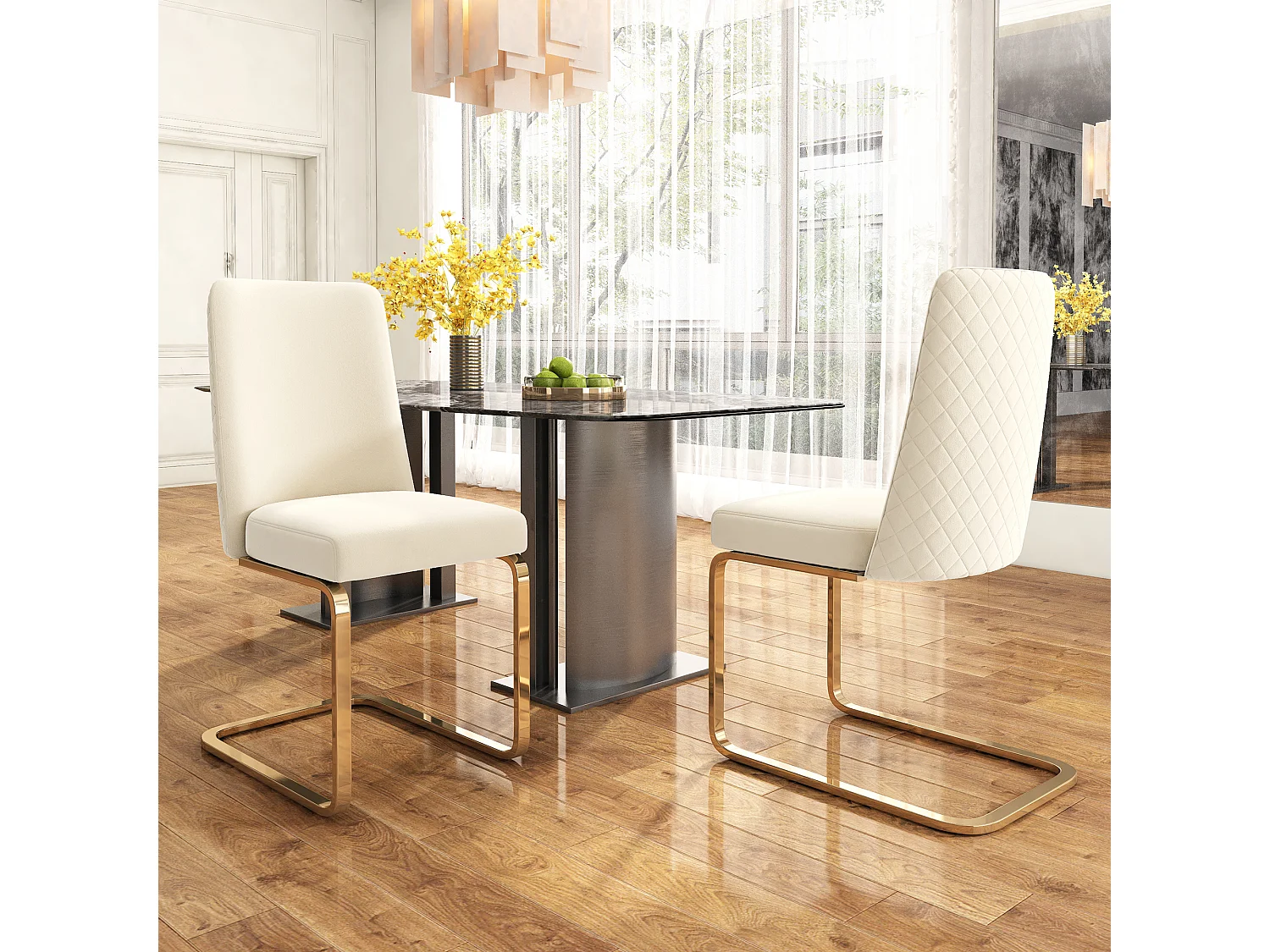 Lot de 6 chaises en velours beige - Pieds en métal doré - Dossier à motif losanges