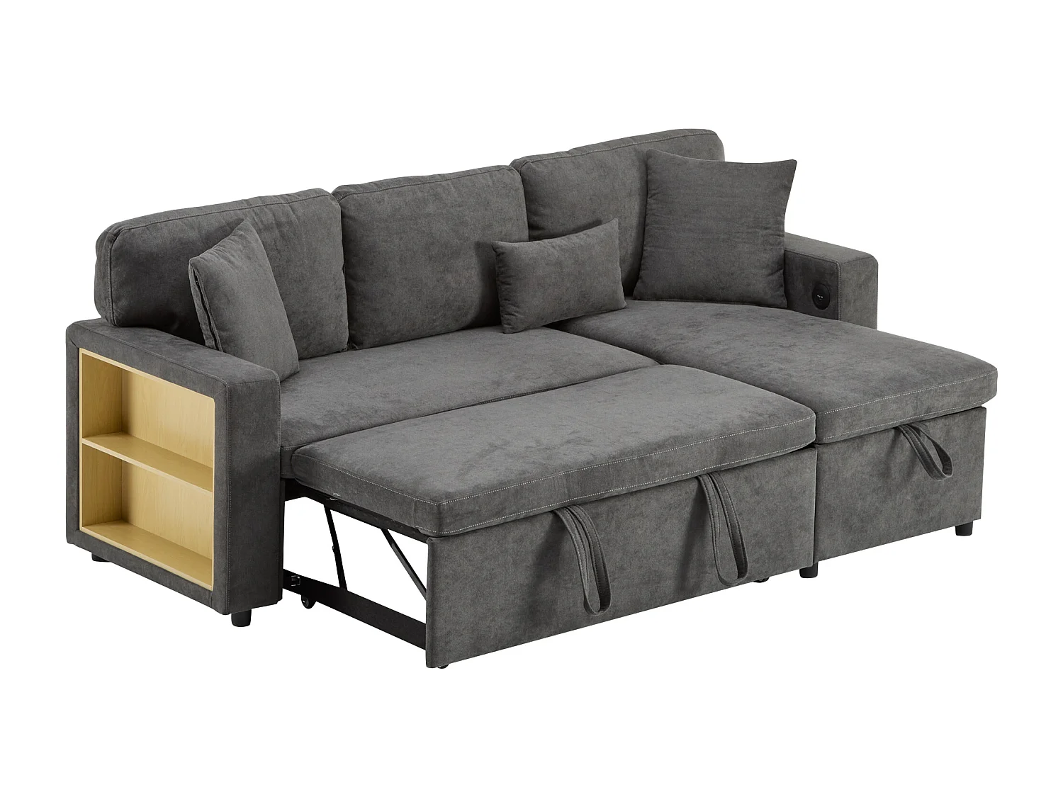 Canapé convertible 3 places en tissu Oxford avec rangement et port USB - Gris foncé