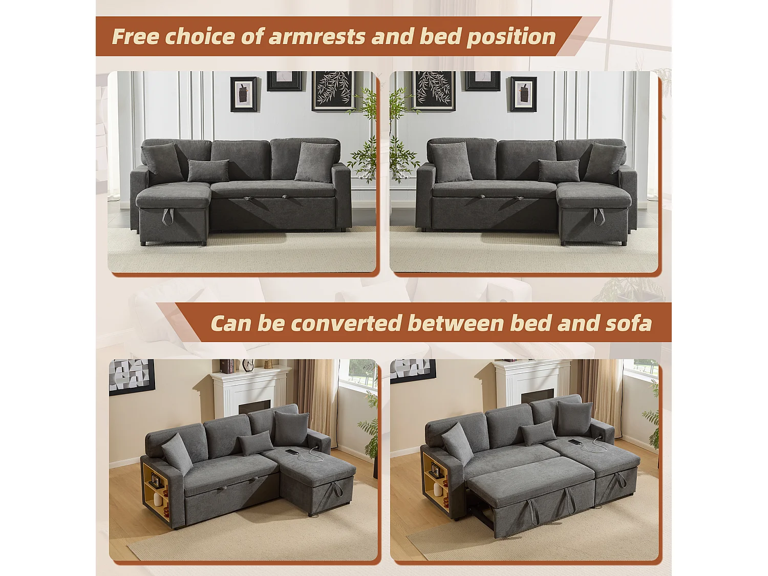 Canapé convertible 3 places en tissu Oxford avec rangement et port USB - Gris foncé