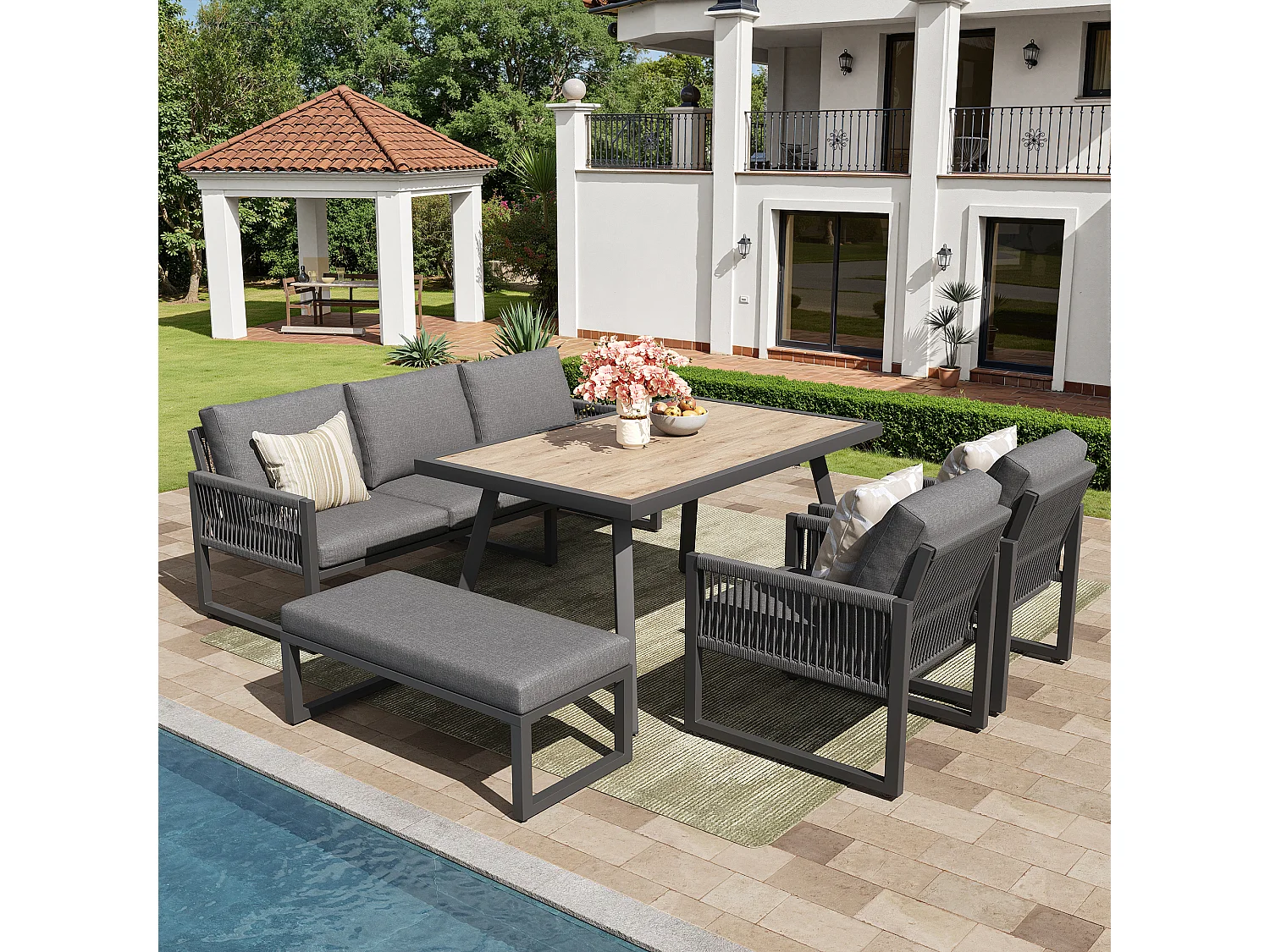 Conjunto de muebles de jardín gris para 6-7 personas + 1 mesa de centro - Metal y tela