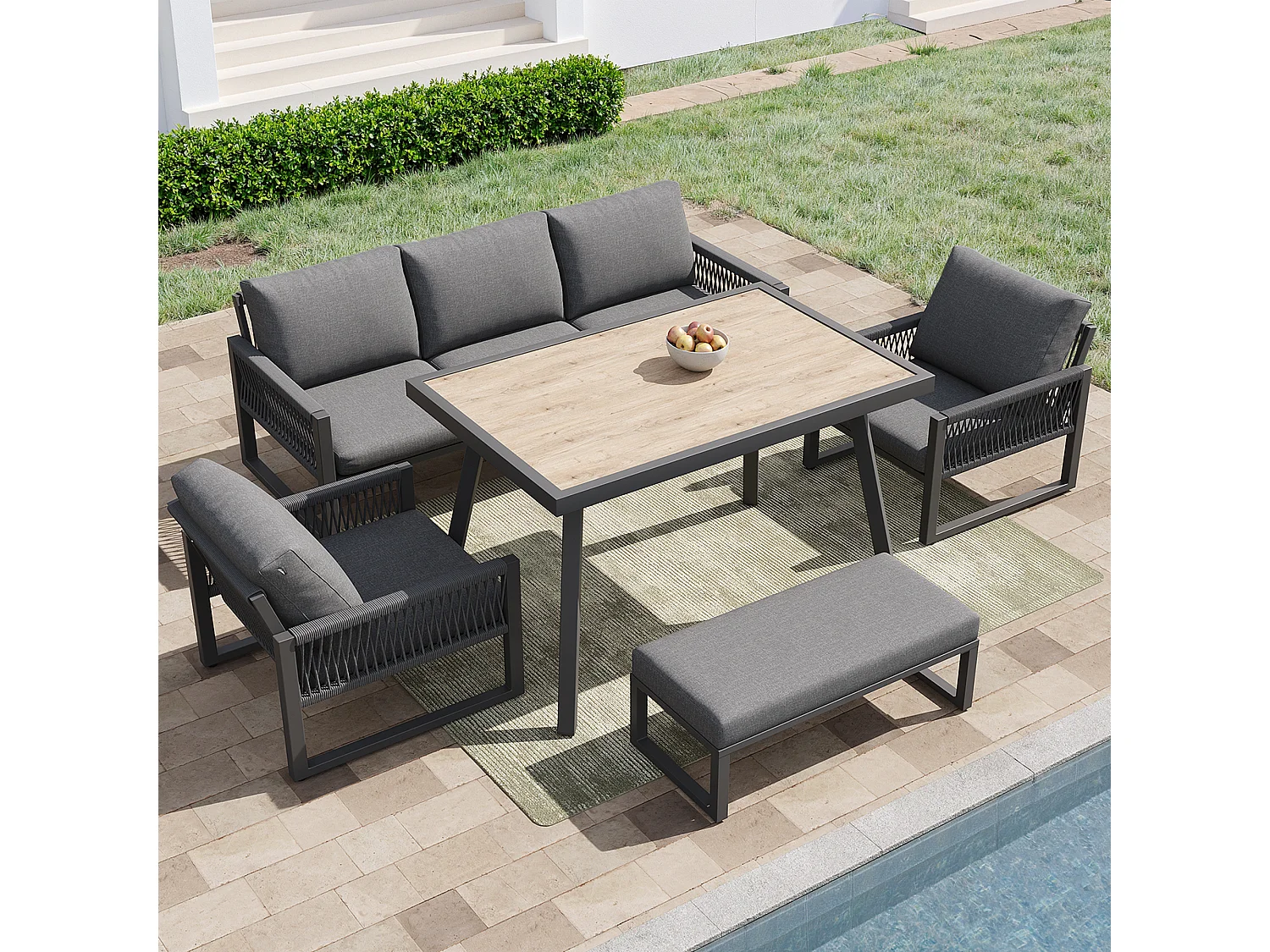 Conjunto de muebles de jardín gris para 6-7 personas + 1 mesa de centro - Metal y tela