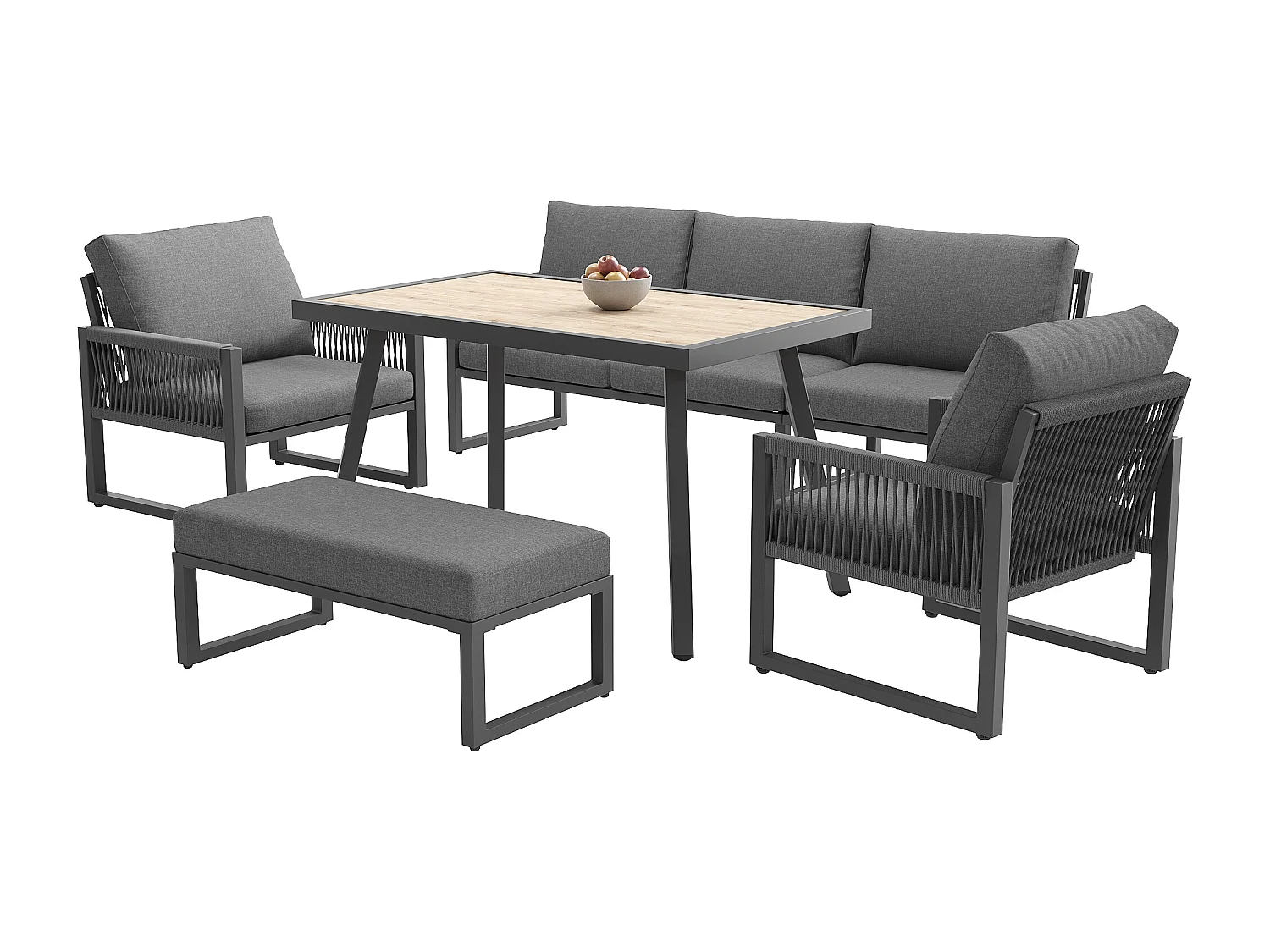 Conjunto de muebles de jardín gris para 6-7 personas + 1 mesa de centro - Metal y tela