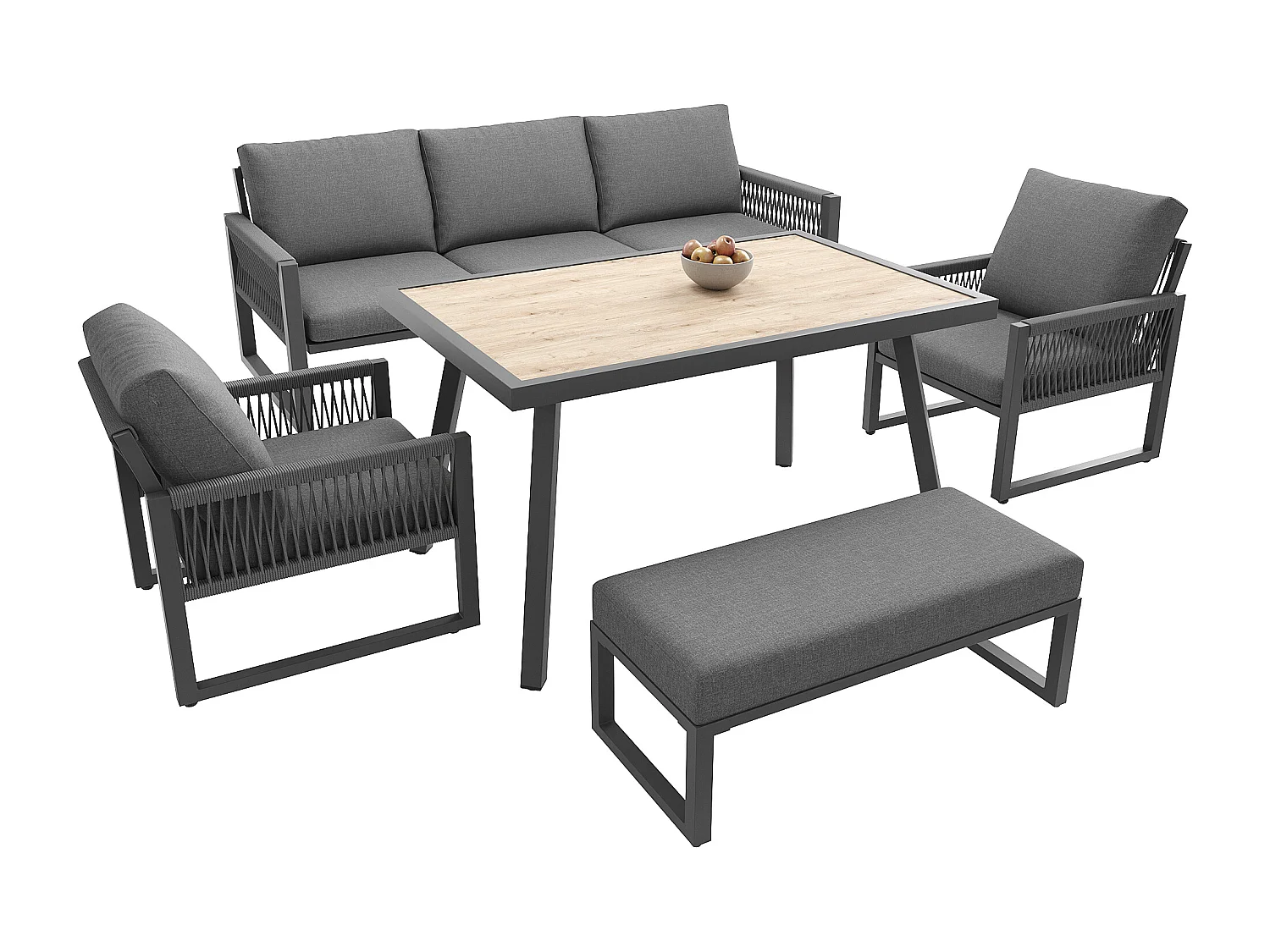 Conjunto de muebles de jardín gris para 6-7 personas + 1 mesa de centro - Metal y tela