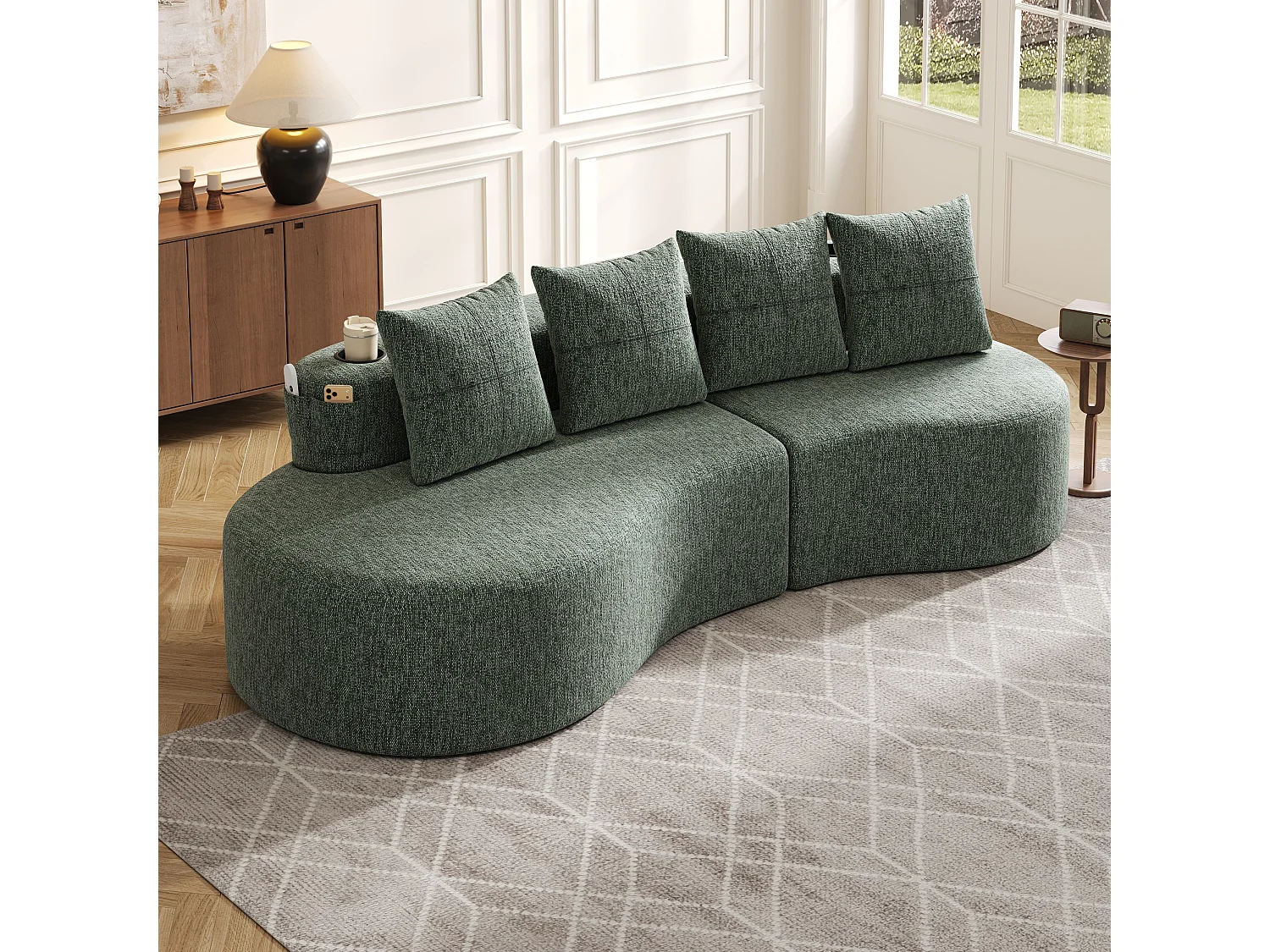 Canapé 3 places en lin avec 4 coussins, porte-gobelet et poche latérale - Verr