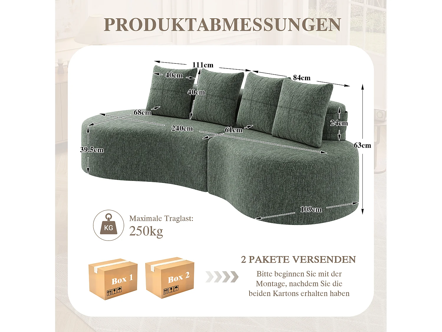 Canapé 3 places en lin avec 4 coussins, porte-gobelet et poche latérale - Verr