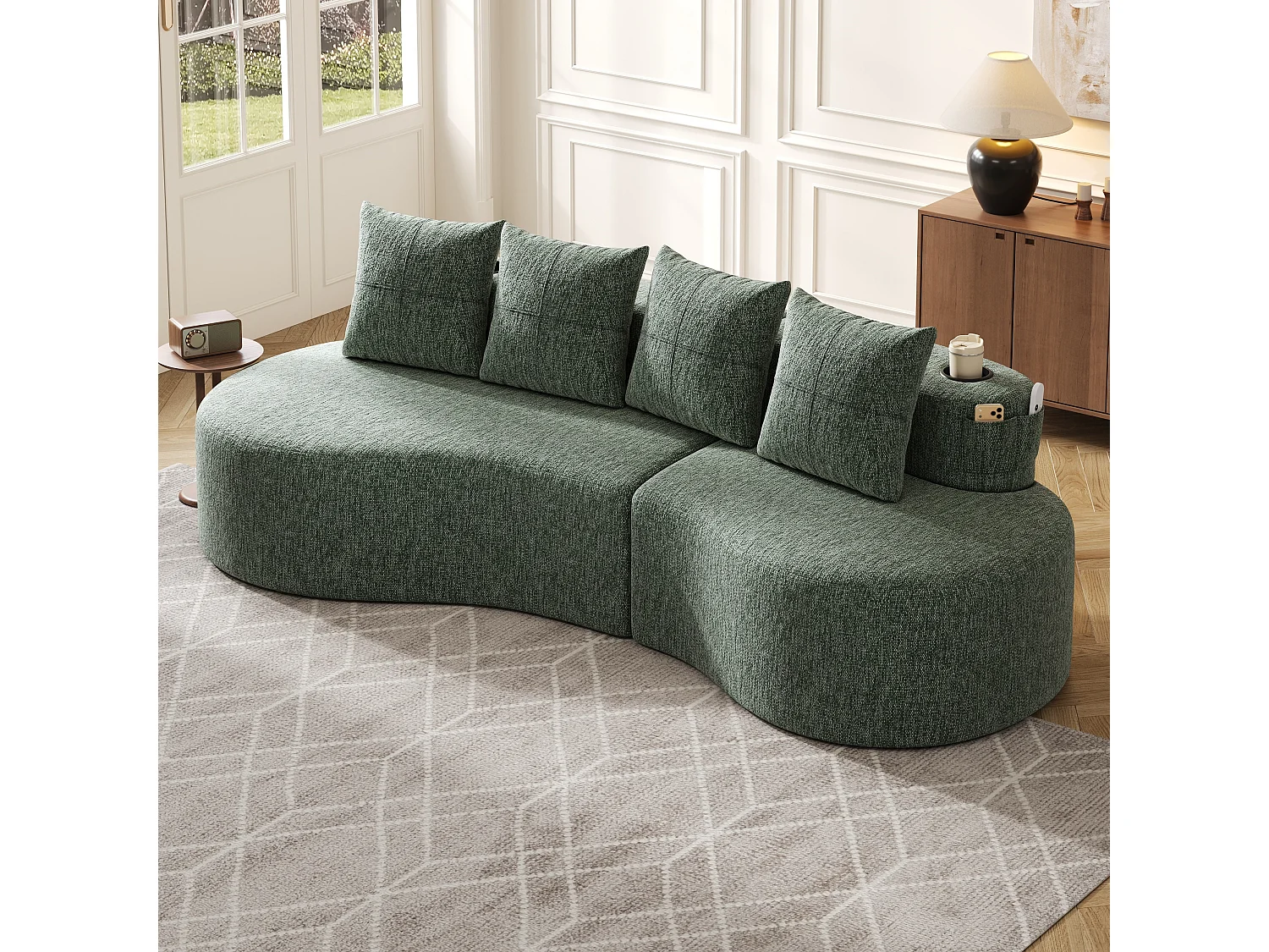 Canapé 3 places en lin avec 4 coussins, porte-gobelet et poche latérale - Verr