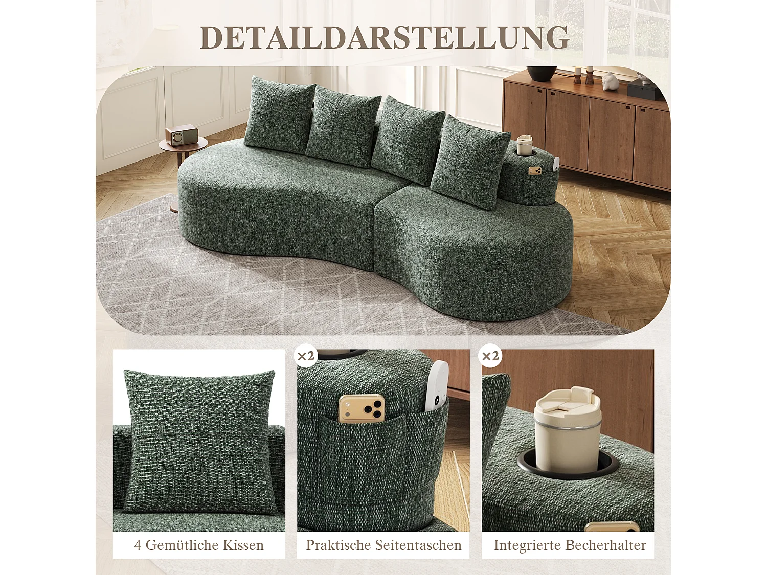 Canapé 3 places en lin avec 4 coussins, porte-gobelet et poche latérale - Verr