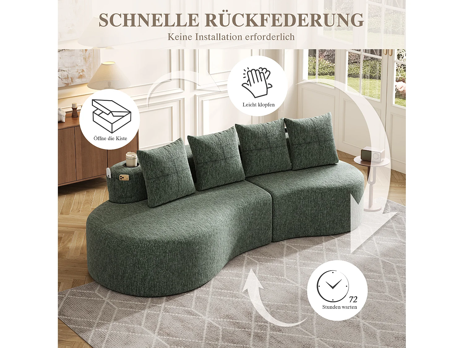 Canapé 3 places en lin avec 4 coussins, porte-gobelet et poche latérale - Verr