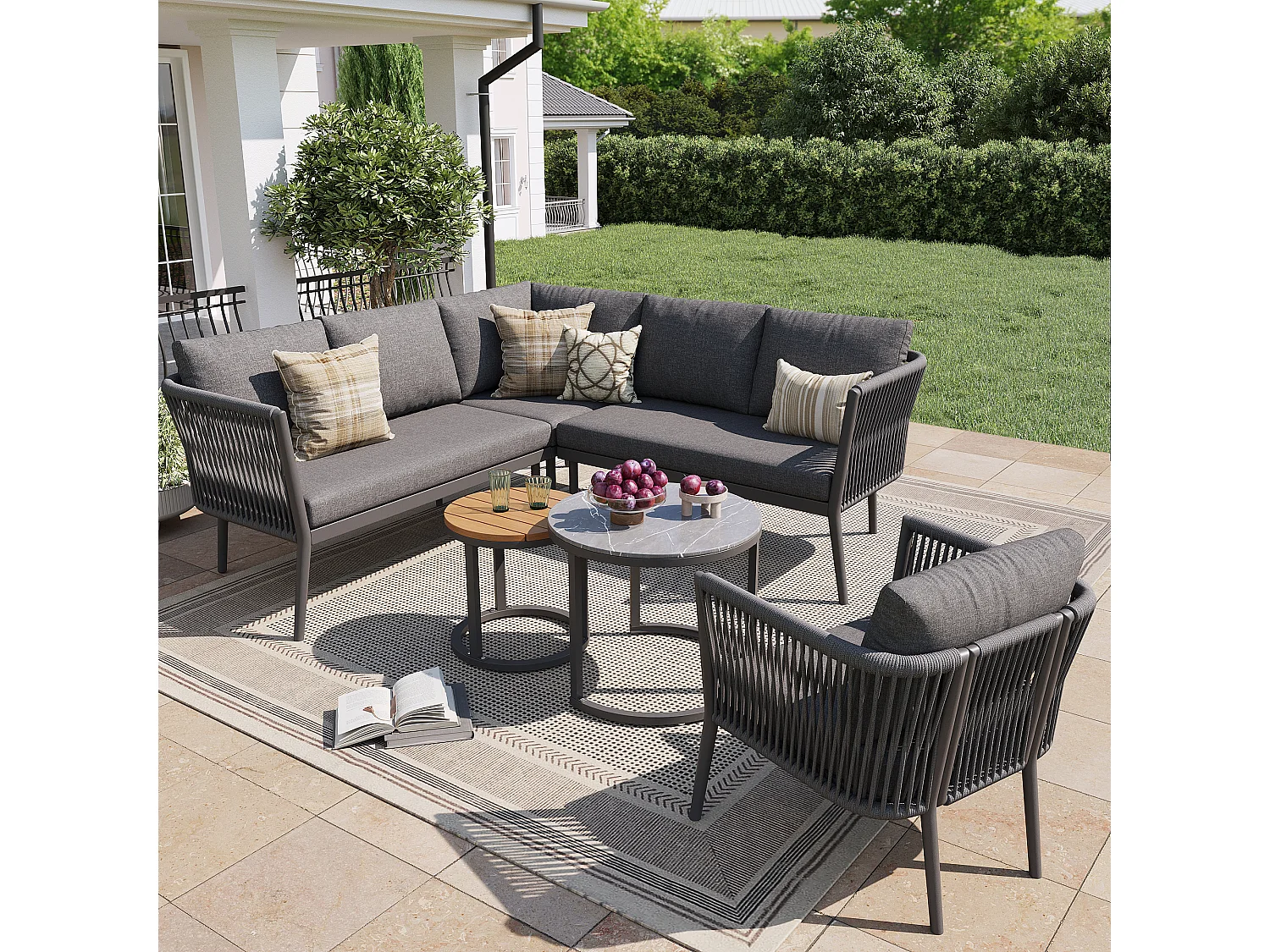 Salon de jardin modulable 6 places avec canapé, fauteuil, tables basses gigognes, coussins - Gris