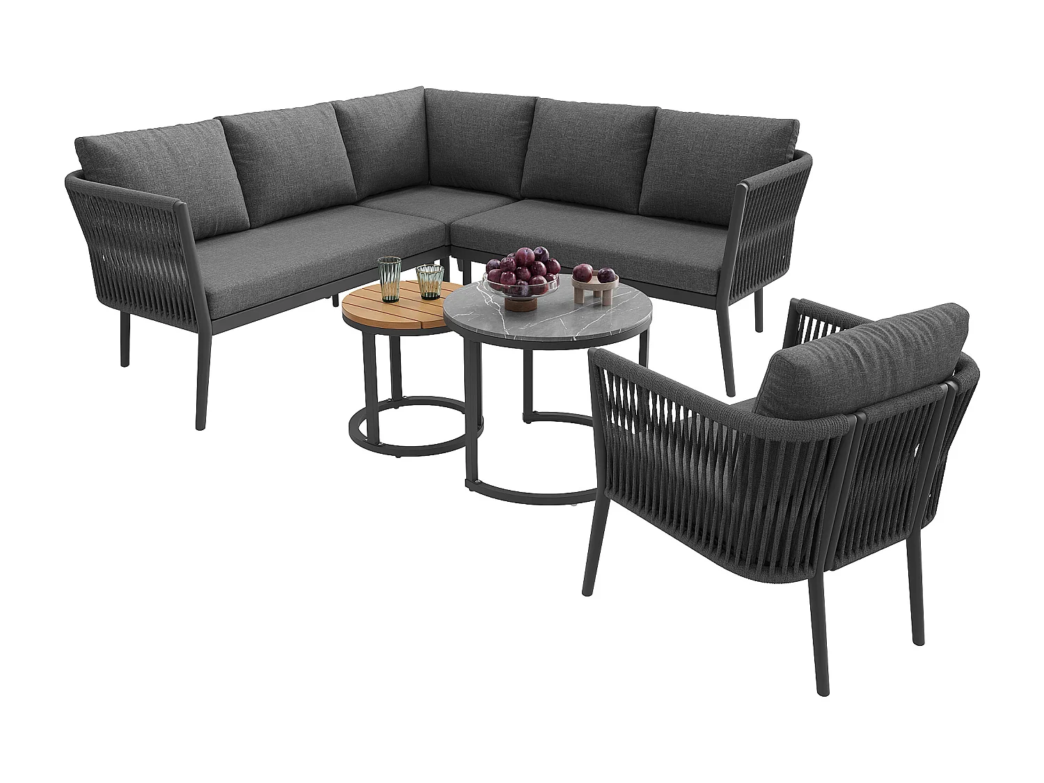 Salon de jardin modulable 6 places avec canapé, fauteuil, tables basses gigognes, coussins - Gris