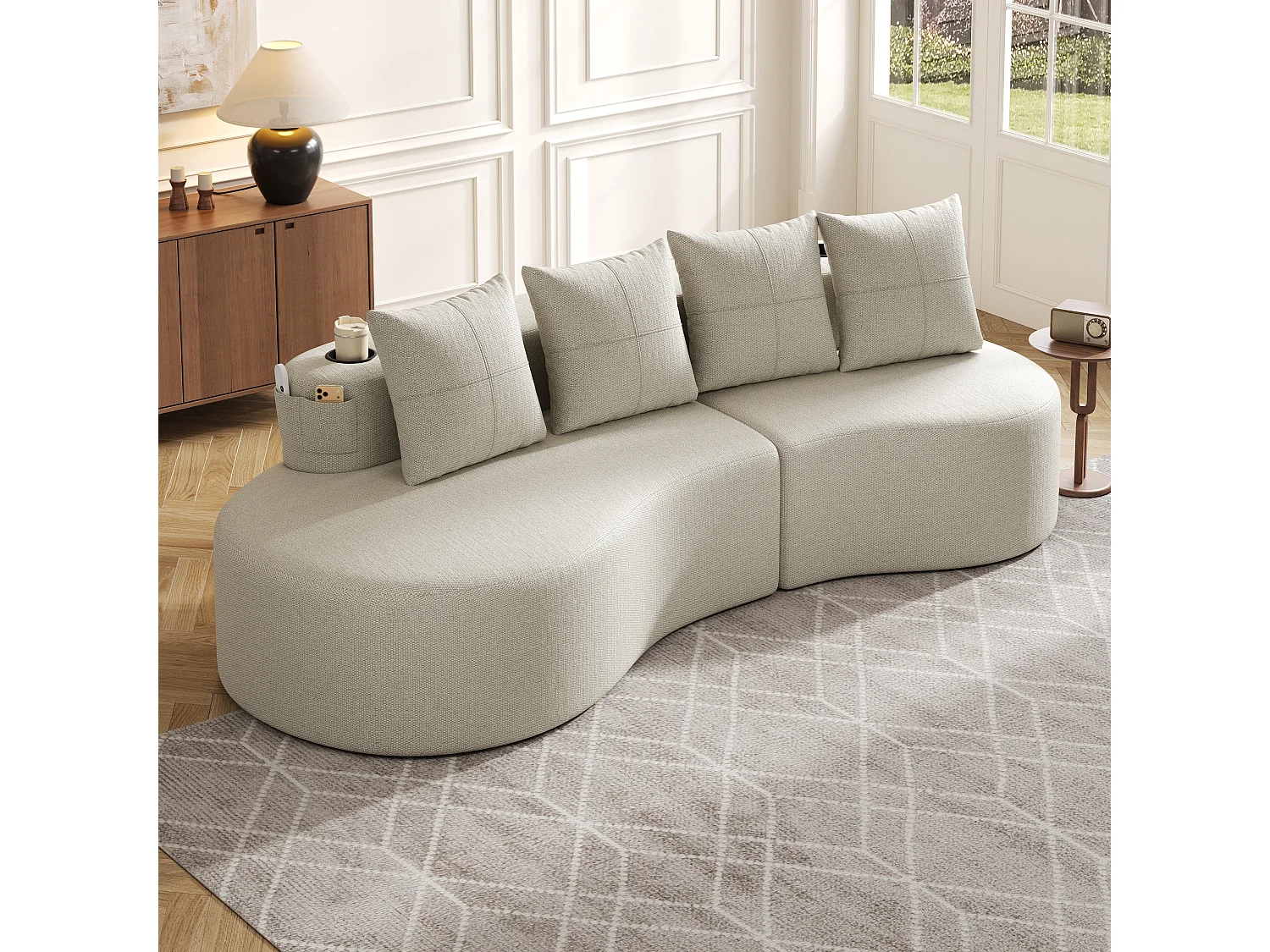 Canapé 3 places en lin avec 4 coussins, porte-gobelet et poche latérale - Beige