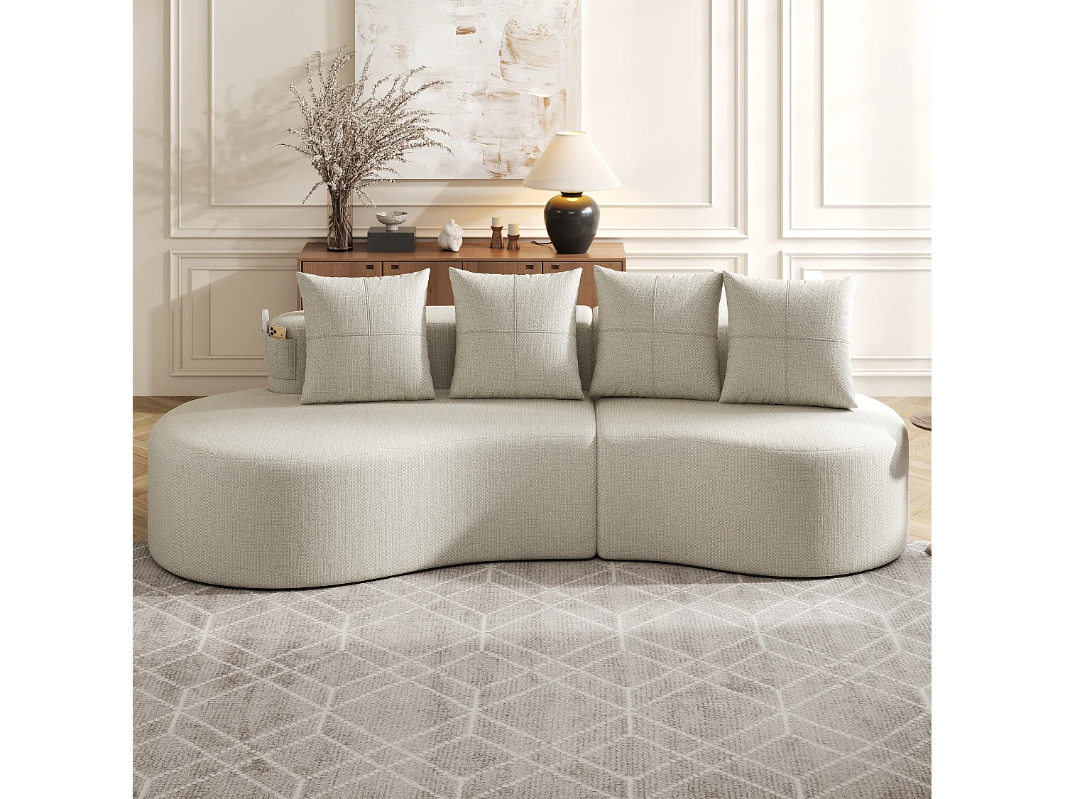 Canapé 3 places en lin avec 4 coussins, porte-gobelet et poche latérale - Beige