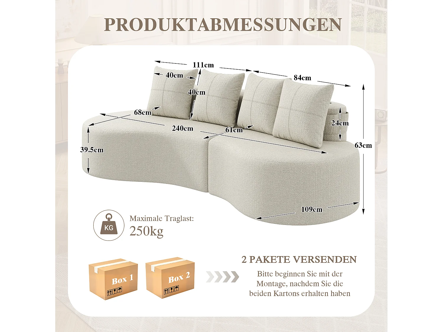 Canapé 3 places en lin avec 4 coussins, porte-gobelet et poche latérale - Beige