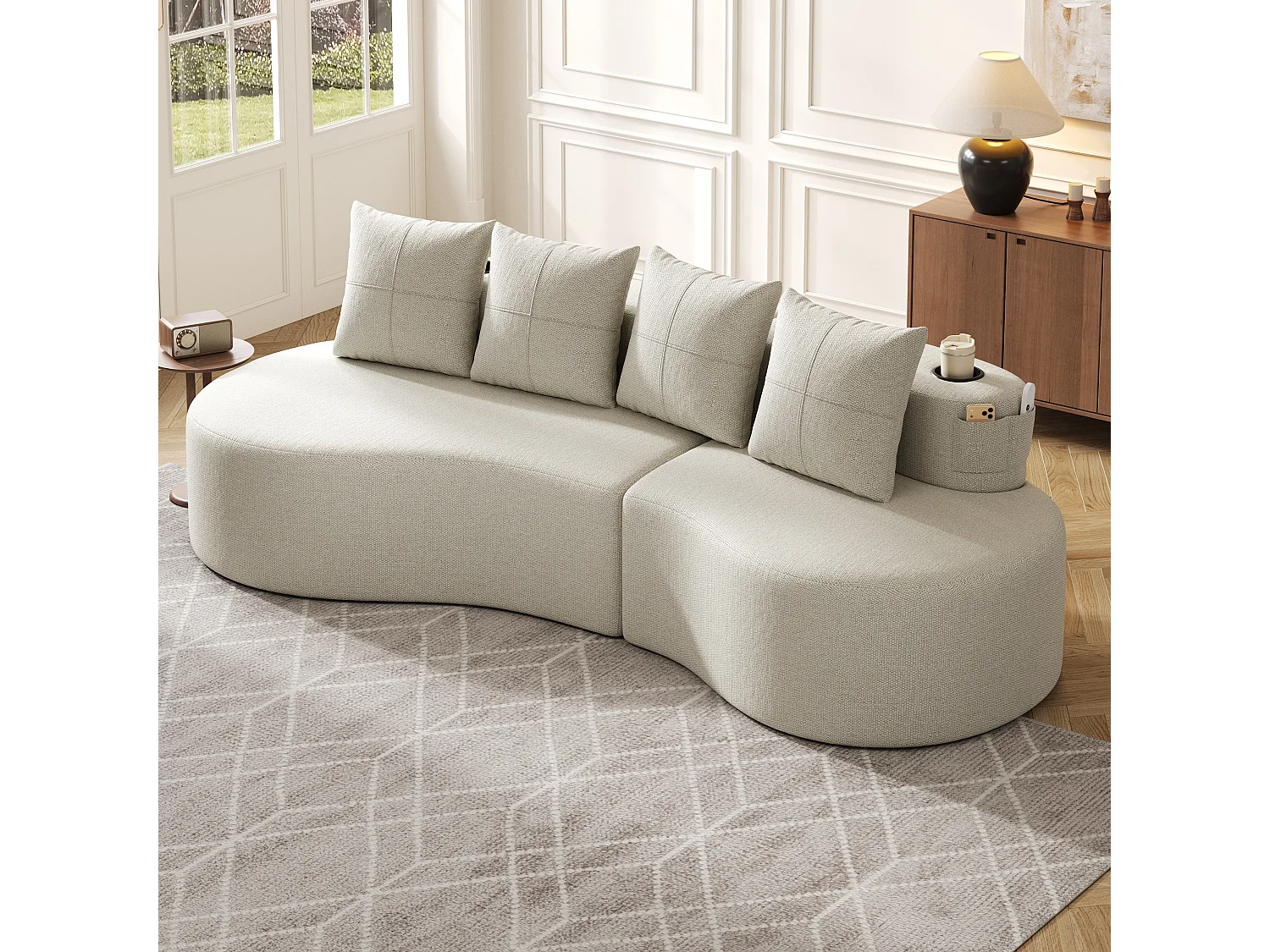 Canapé 3 places en lin avec 4 coussins, porte-gobelet et poche latérale - Beige