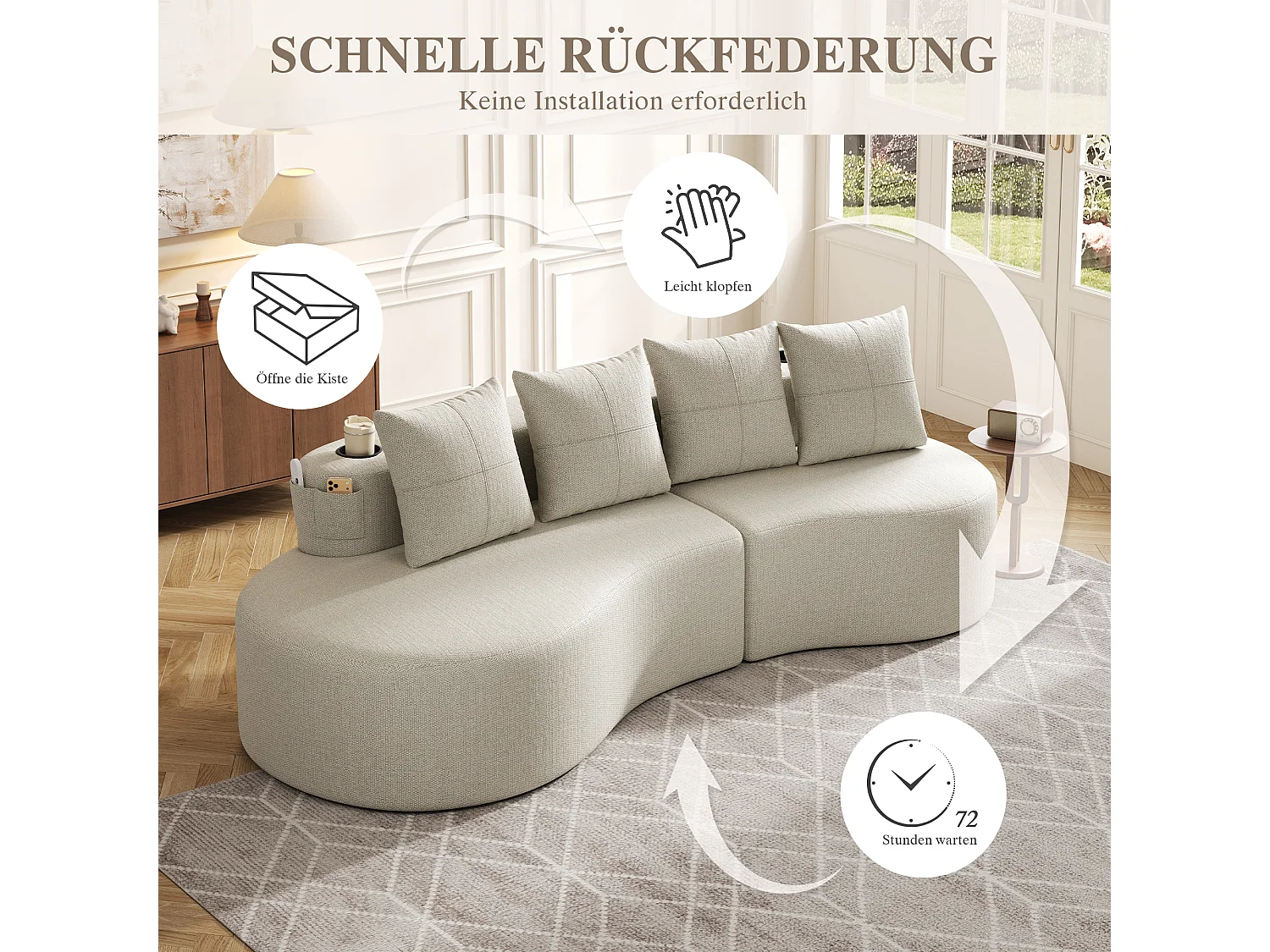 Canapé 3 places en lin avec 4 coussins, porte-gobelet et poche latérale - Beige