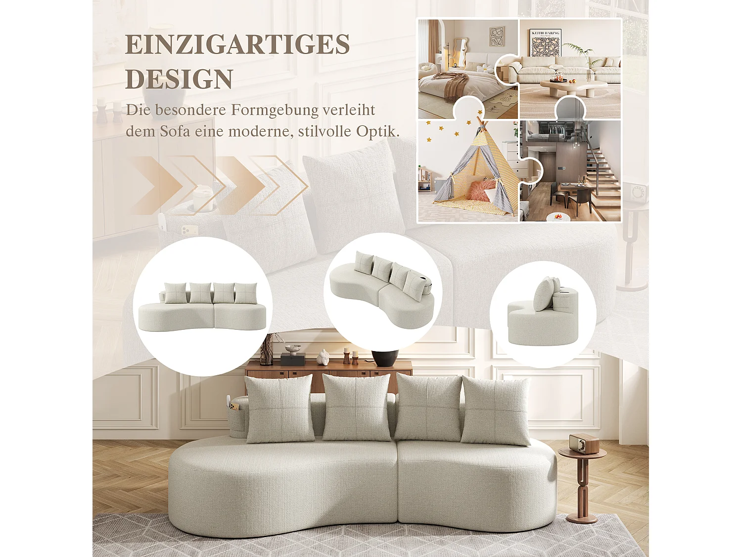 Canapé 3 places en lin avec 4 coussins, porte-gobelet et poche latérale - Beige