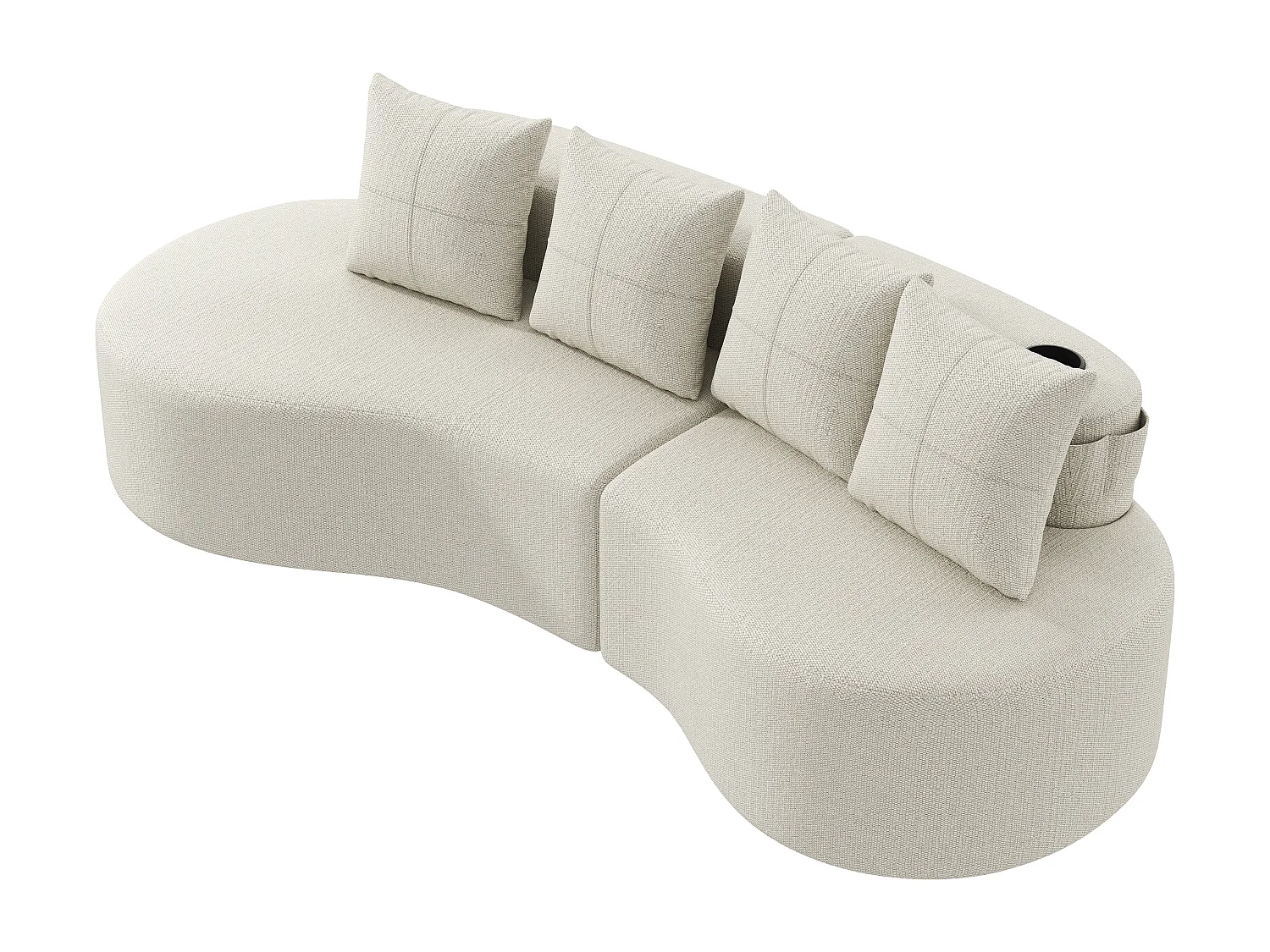 Canapé 3 places en lin avec 4 coussins, porte-gobelet et poche latérale - Beige