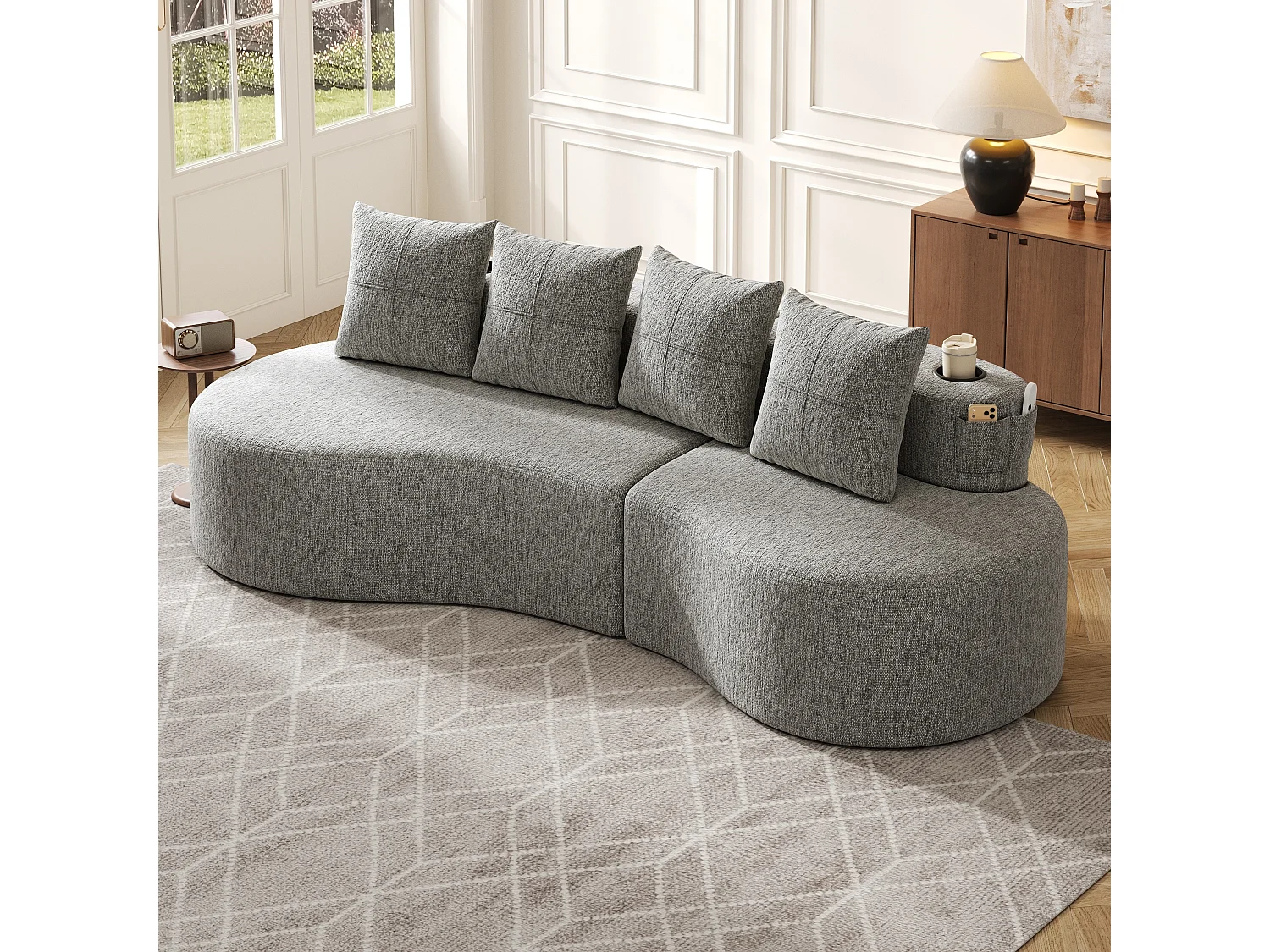 Canapé 3 places en lin avec 4 coussins, porte-gobelet et poche latérale - Gris clair