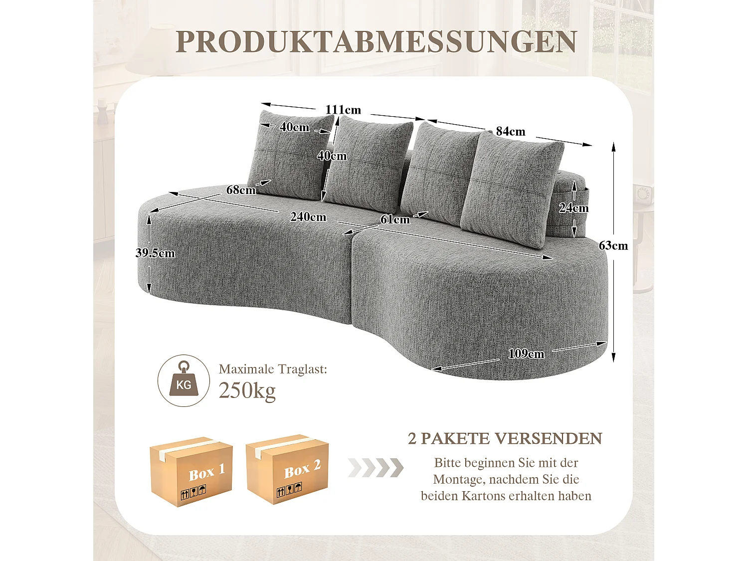 Canapé 3 places en lin avec 4 coussins, porte-gobelet et poche latérale - Gris clair