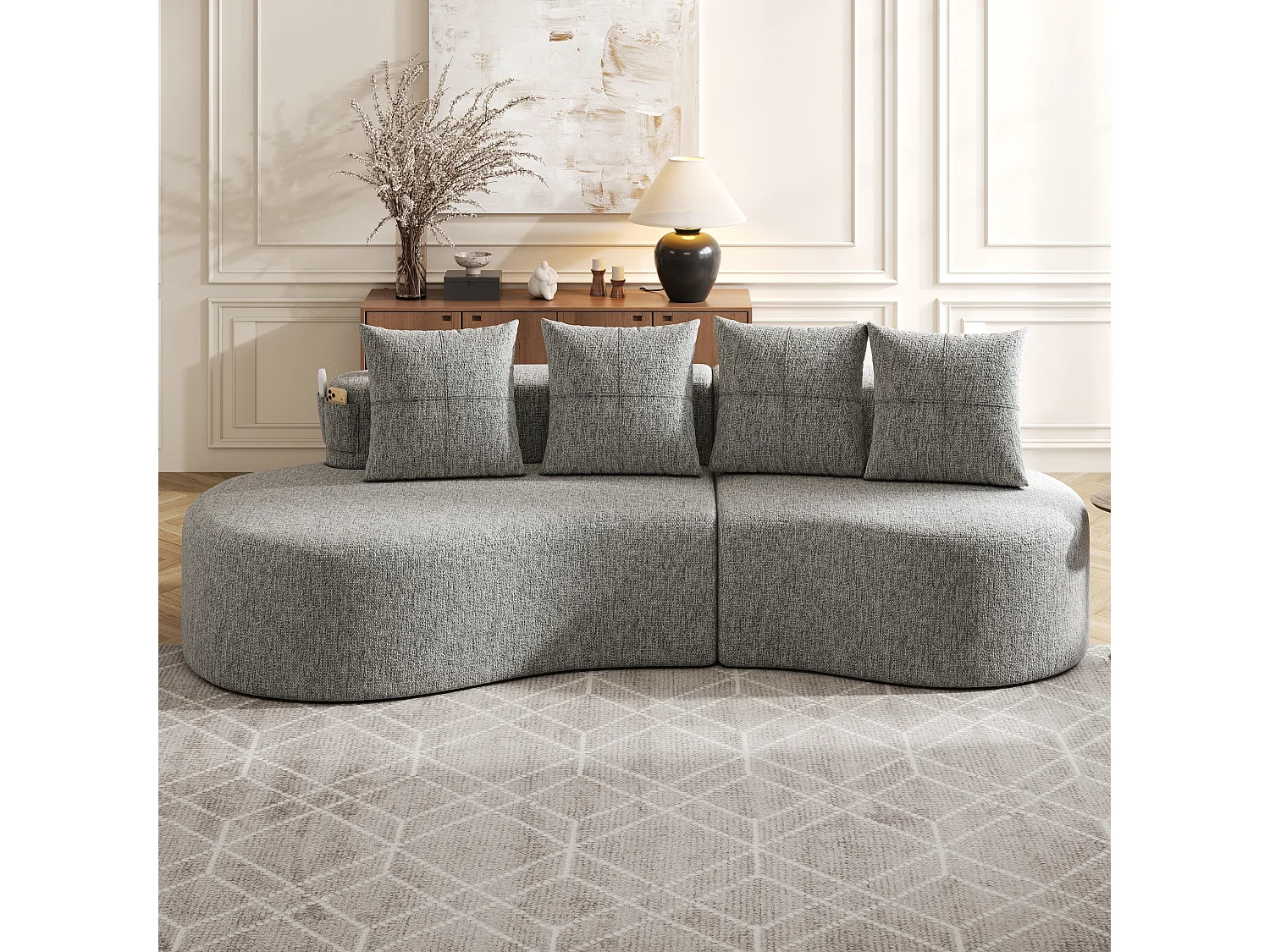 Canapé 3 places en lin avec 4 coussins, porte-gobelet et poche latérale - Gris clair