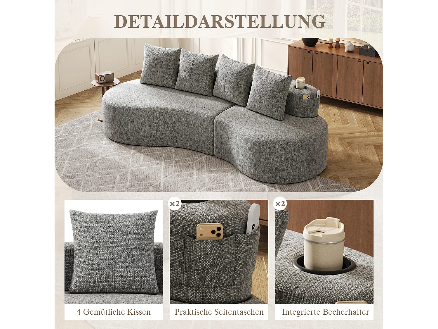 Canapé 3 places en lin avec 4 coussins, porte-gobelet et poche latérale - Gris clair