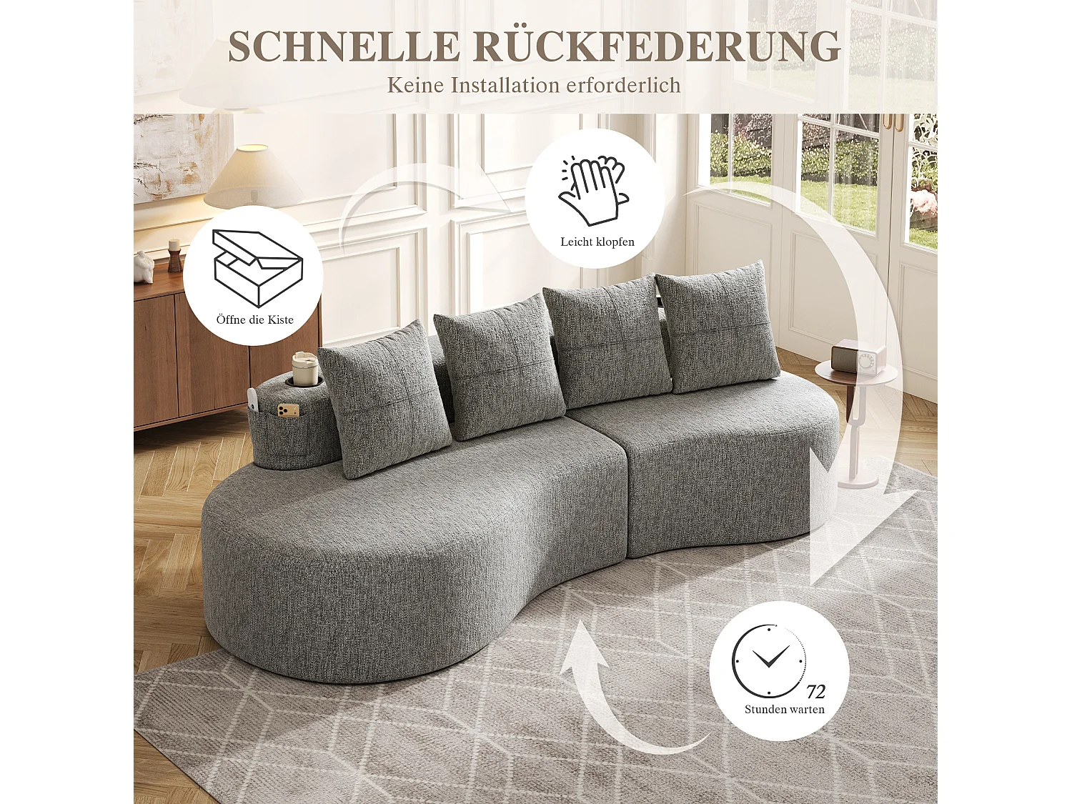 Canapé 3 places en lin avec 4 coussins, porte-gobelet et poche latérale - Gris clair