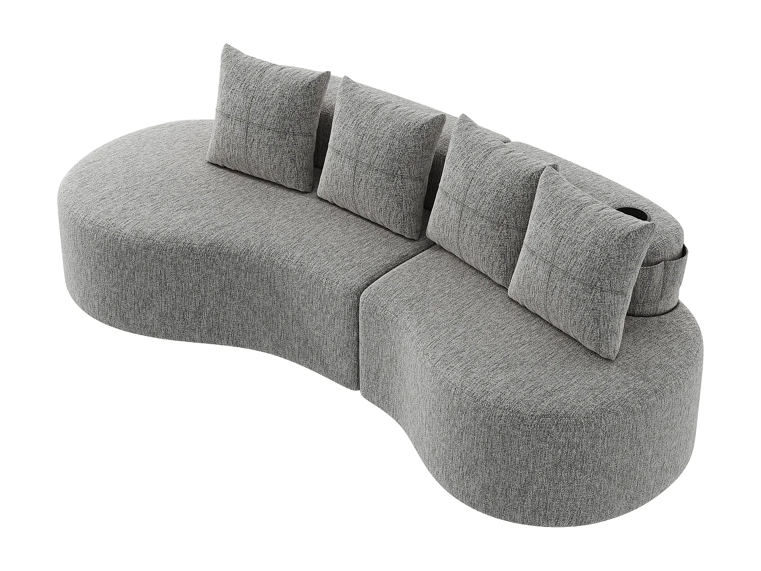 Canapé 3 places en lin avec 4 coussins, porte-gobelet et poche latérale - Gris clair