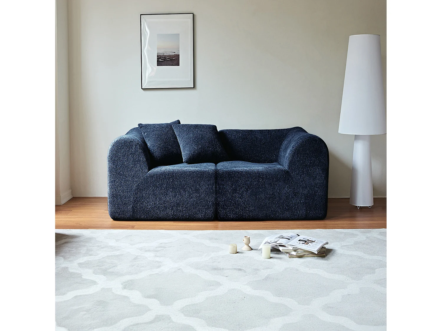 2-zitsbank van blauw fluweel met kussens - Voor woonkamer, kantoor of appartement